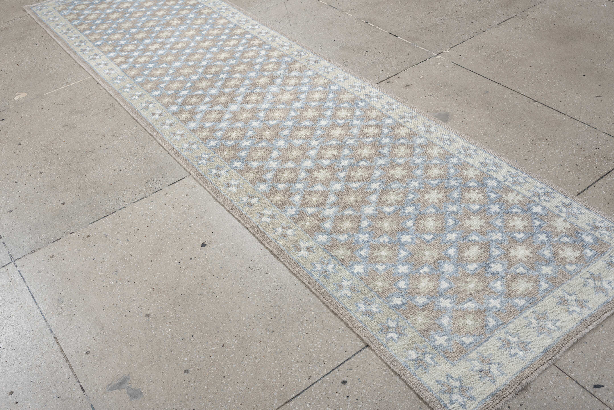 3' x 11' one-of-a-kind handmade vintage Oushak runner rug. Color palette: taupe, pale blue, ivory, beige, gray, light blue