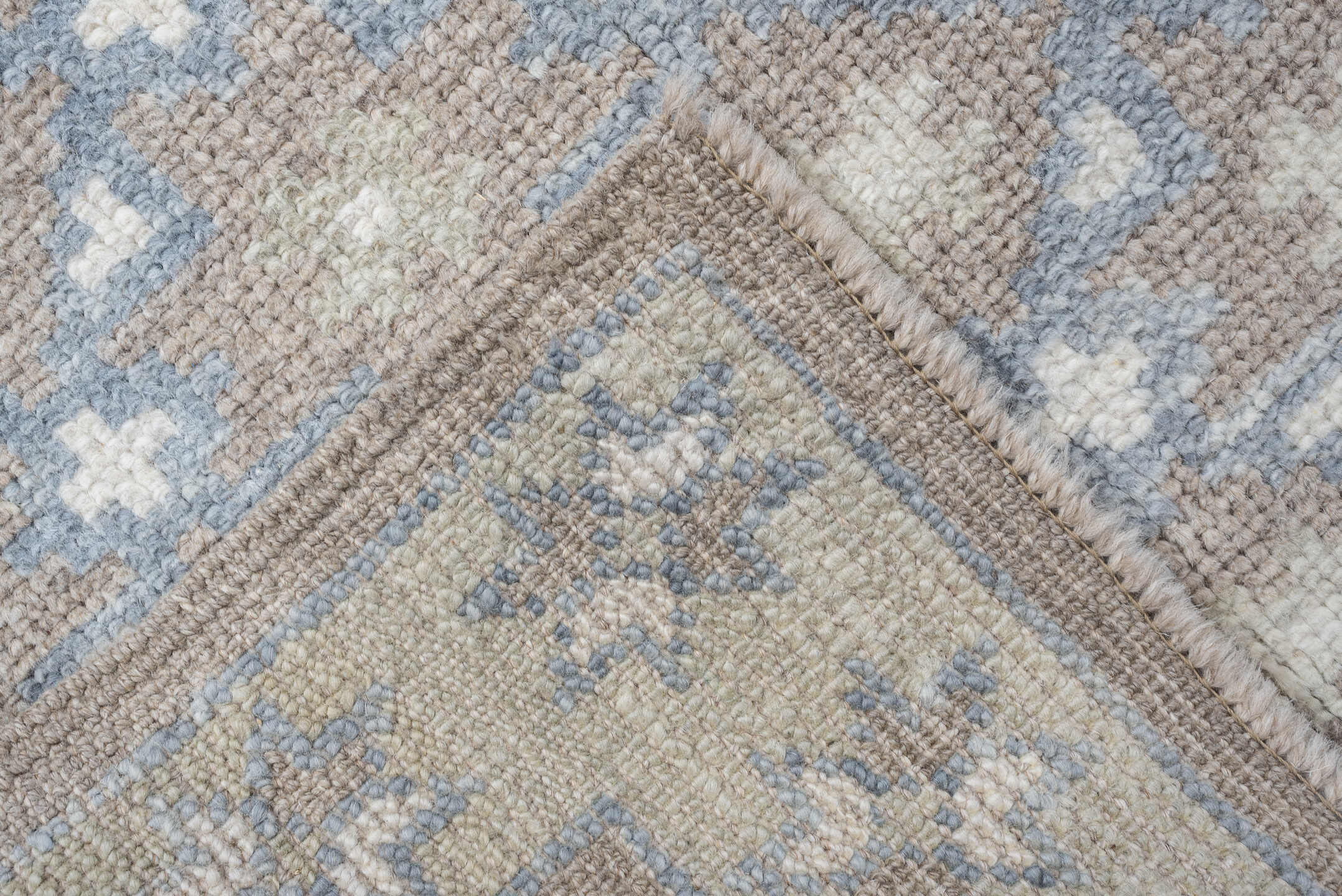 3' x 11' one-of-a-kind handmade vintage Oushak runner rug. Color palette: taupe, pale blue, ivory, beige, gray, light blue