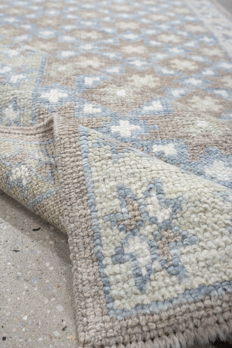 3' x 11' one-of-a-kind handmade vintage Oushak runner rug. Color palette: taupe, pale blue, ivory, beige, gray, light blue