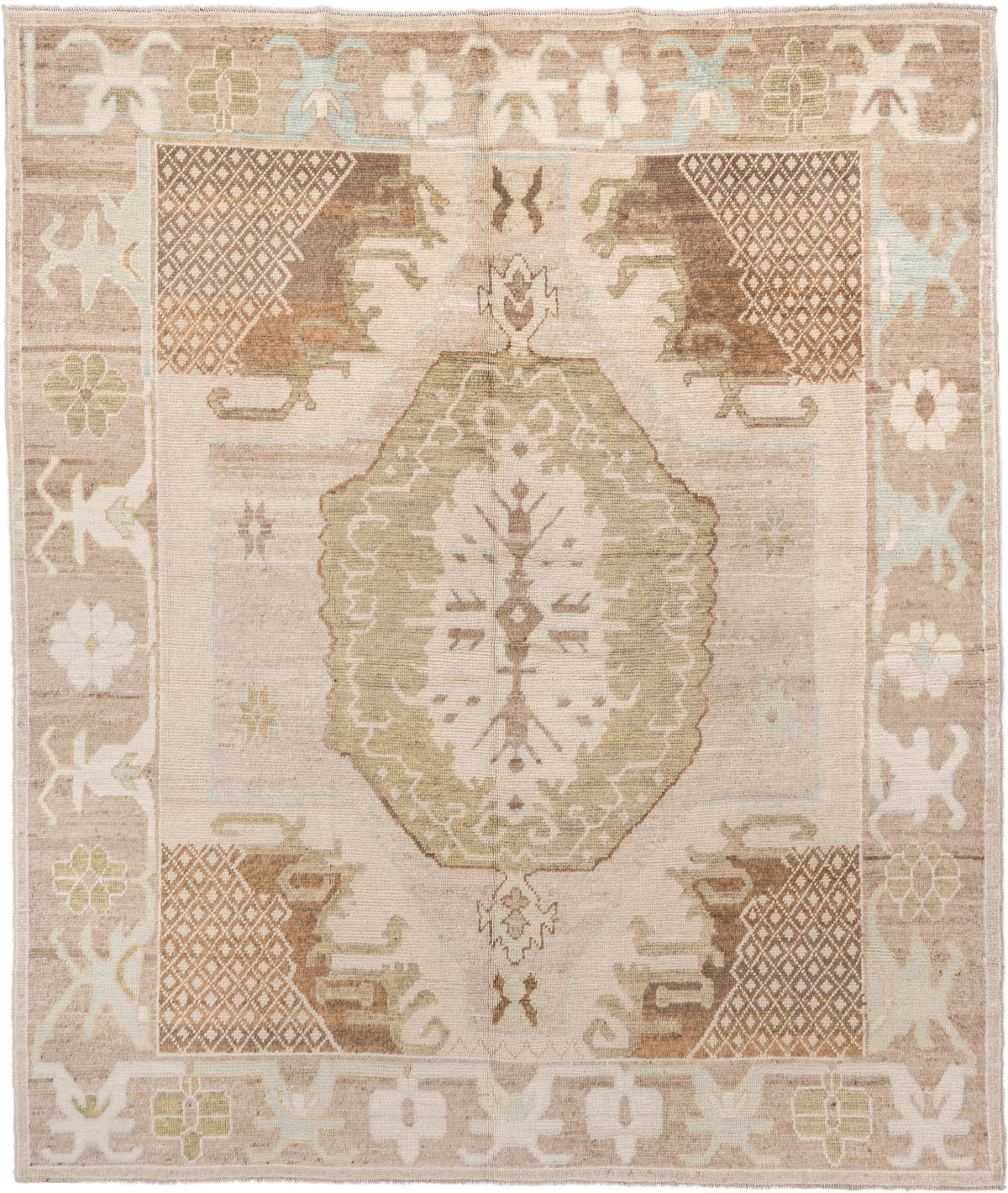 8' x 10' one-of-a-kind handmade vintage Oushak large size rug. Color palette: beige, ivory, taupe, sage, camel, brown