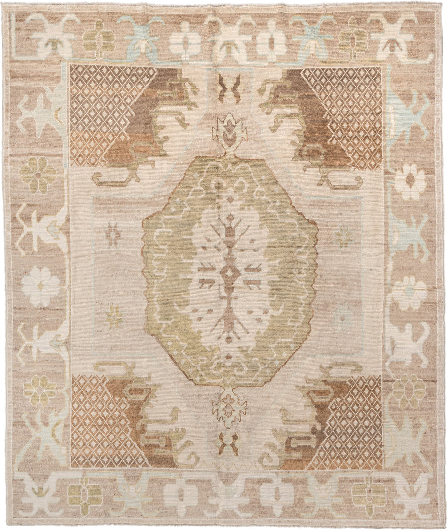 8' x 10' one-of-a-kind handmade vintage Oushak large size rug. Color palette: beige, ivory, taupe, sage, camel, brown