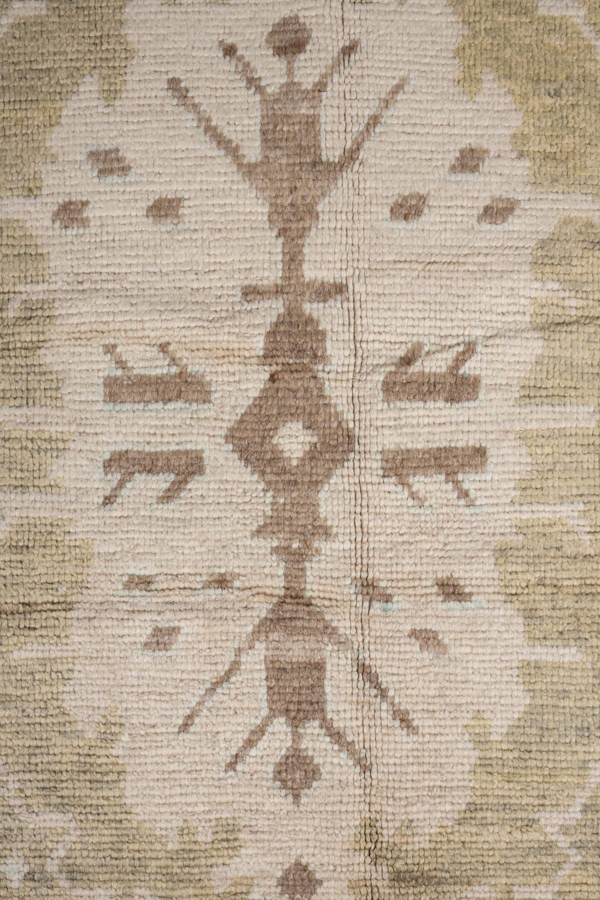 8' x 10' one-of-a-kind handmade vintage Oushak large size rug. Color palette: beige, ivory, taupe, sage, camel, brown
