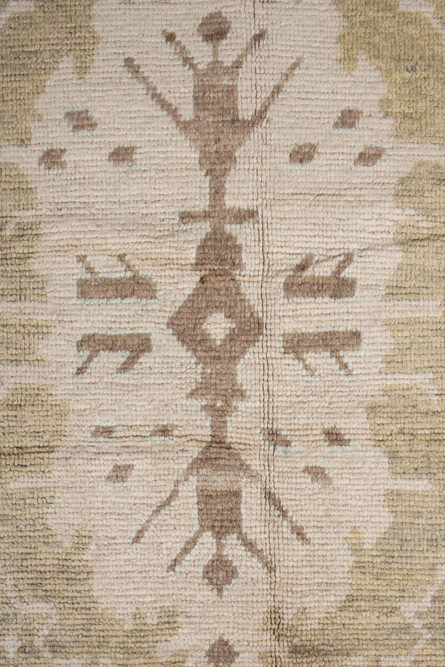 8' x 10' one-of-a-kind handmade vintage Oushak large size rug. Color palette: beige, ivory, taupe, sage, camel, brown