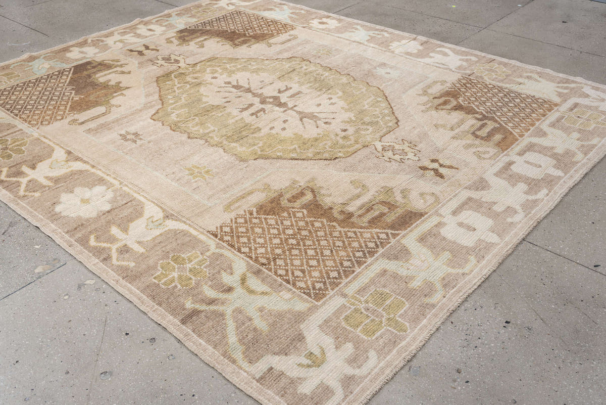 8' x 10' one-of-a-kind handmade vintage Oushak large size rug. Color palette: beige, ivory, taupe, sage, camel, brown