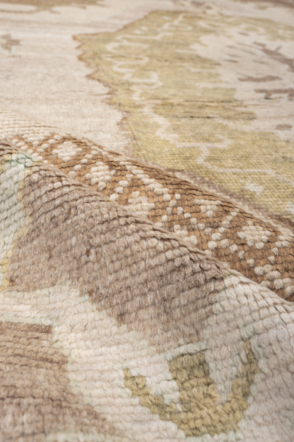 8' x 10' one-of-a-kind handmade vintage Oushak large size rug. Color palette: beige, ivory, taupe, sage, camel, brown