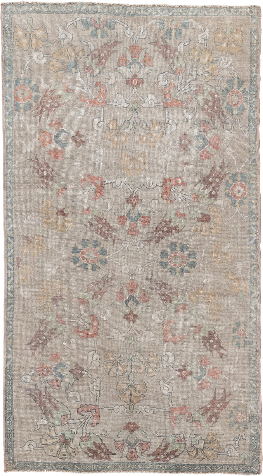 4' x 8' one-of-a-kind handmade antique Oushak rug. Color palette: taupe, ivory, pale blue, coral, soft gold, rose, sage