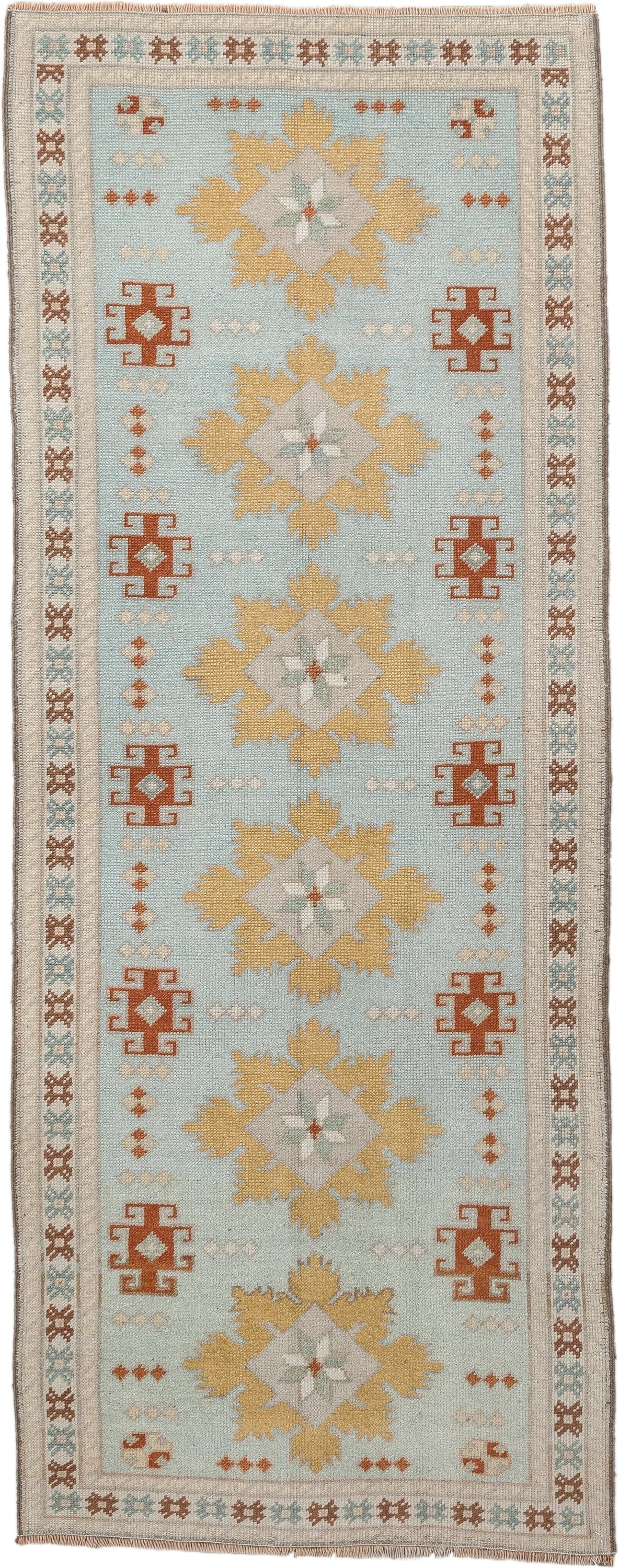 2' x 8' one-of-a-kind handmade vintage Oushak runner rug. Color palette: pale blue, ivory, gold, rust, taupe, sage