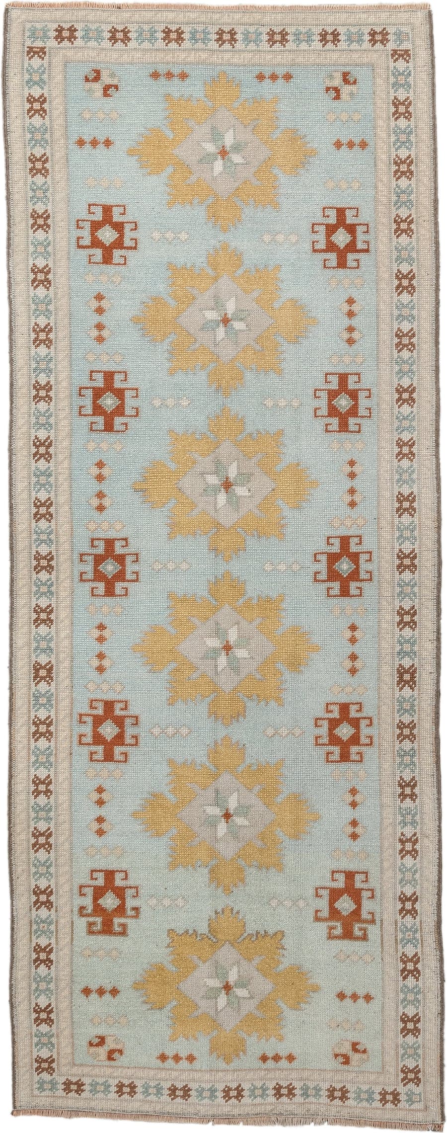 2' x 8' one-of-a-kind handmade vintage Oushak runner rug. Color palette: pale blue, ivory, gold, rust, taupe, sage