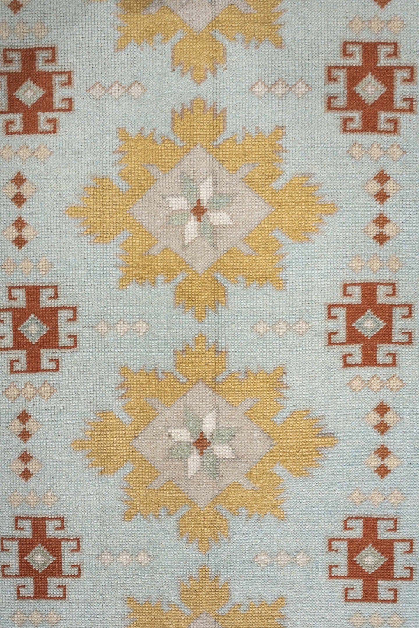 2' x 8' one-of-a-kind handmade vintage Oushak runner rug. Color palette: pale blue, ivory, gold, rust, taupe, sage