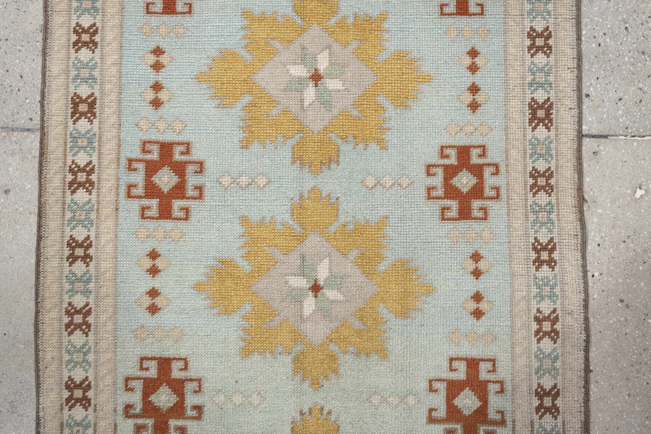 2' x 8' one-of-a-kind handmade vintage Oushak runner rug. Color palette: pale blue, ivory, gold, rust, taupe, sage