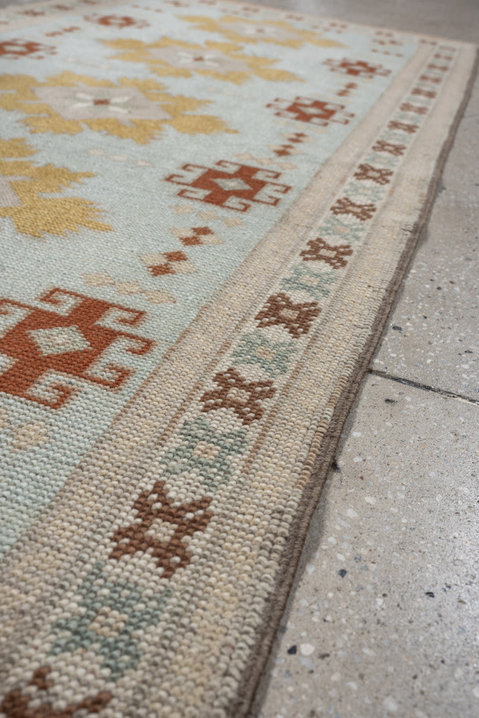 2' x 8' one-of-a-kind handmade vintage Oushak runner rug. Color palette: pale blue, ivory, gold, rust, taupe, sage