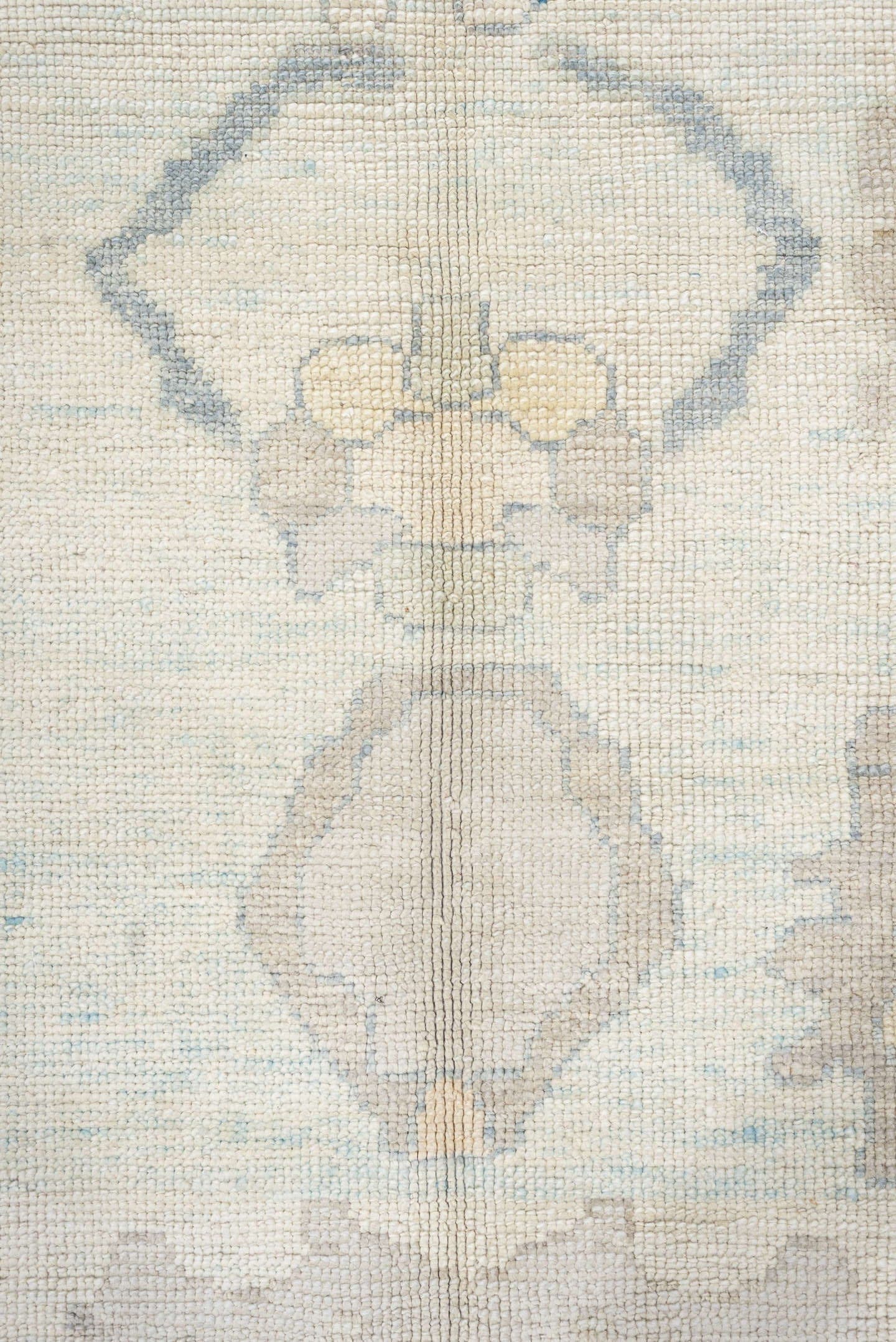 12' x 17' one-of-a-kind handmade vintage Oushak oversize rug. Color palette: ivory, pale blue, beige, taupe, cream, sage