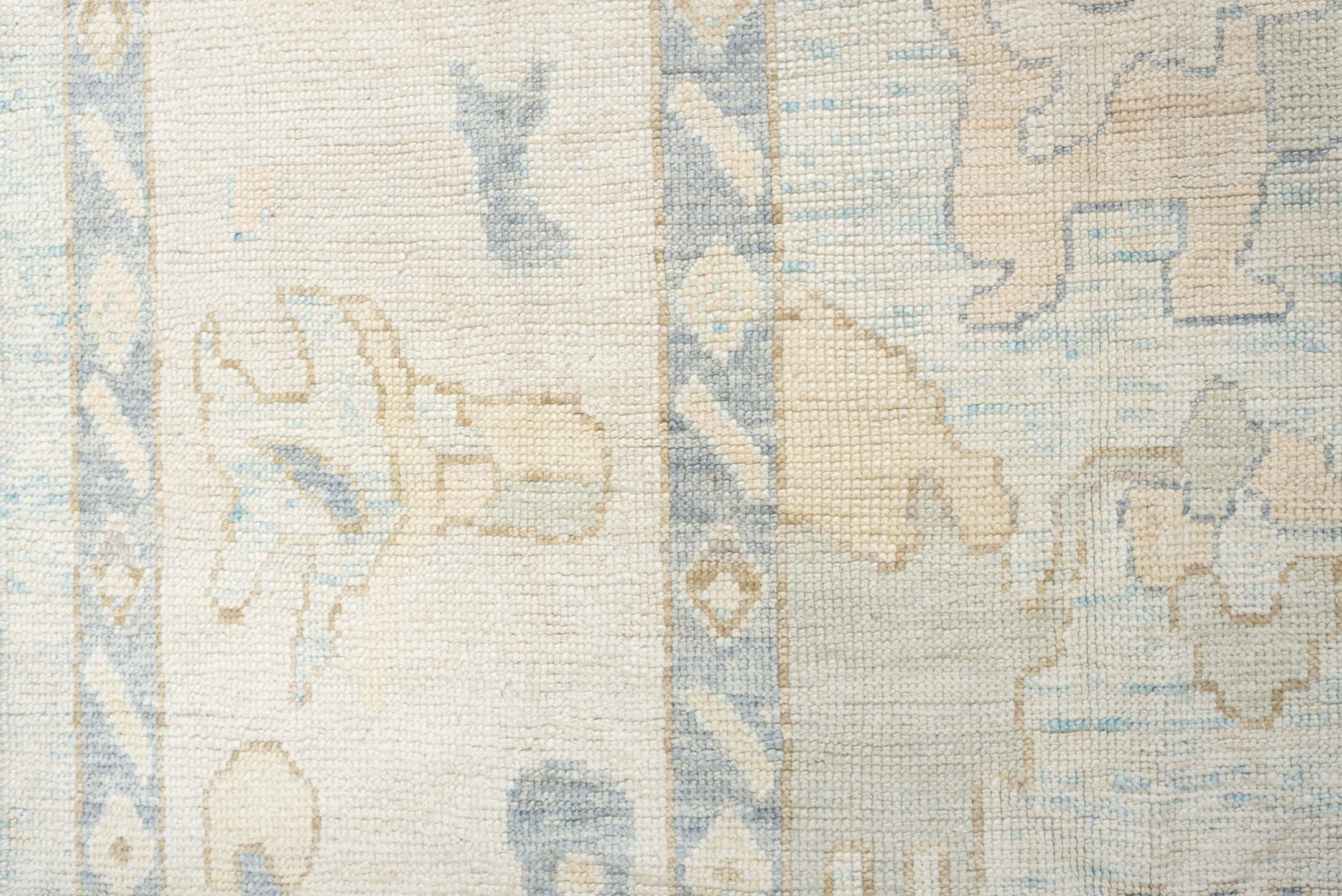 12' x 17' one-of-a-kind handmade vintage Oushak oversize rug. Color palette: ivory, pale blue, beige, taupe, cream, sage