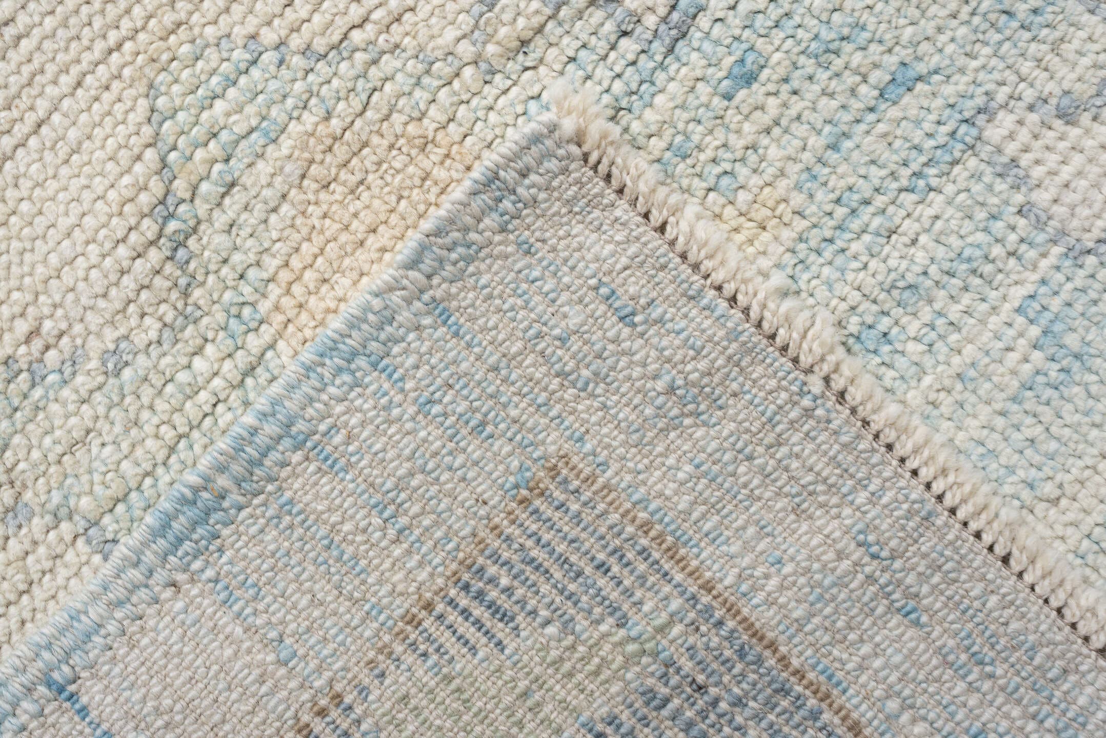 12' x 17' one-of-a-kind handmade vintage Oushak oversize rug. Color palette: ivory, pale blue, beige, taupe, cream, sage
