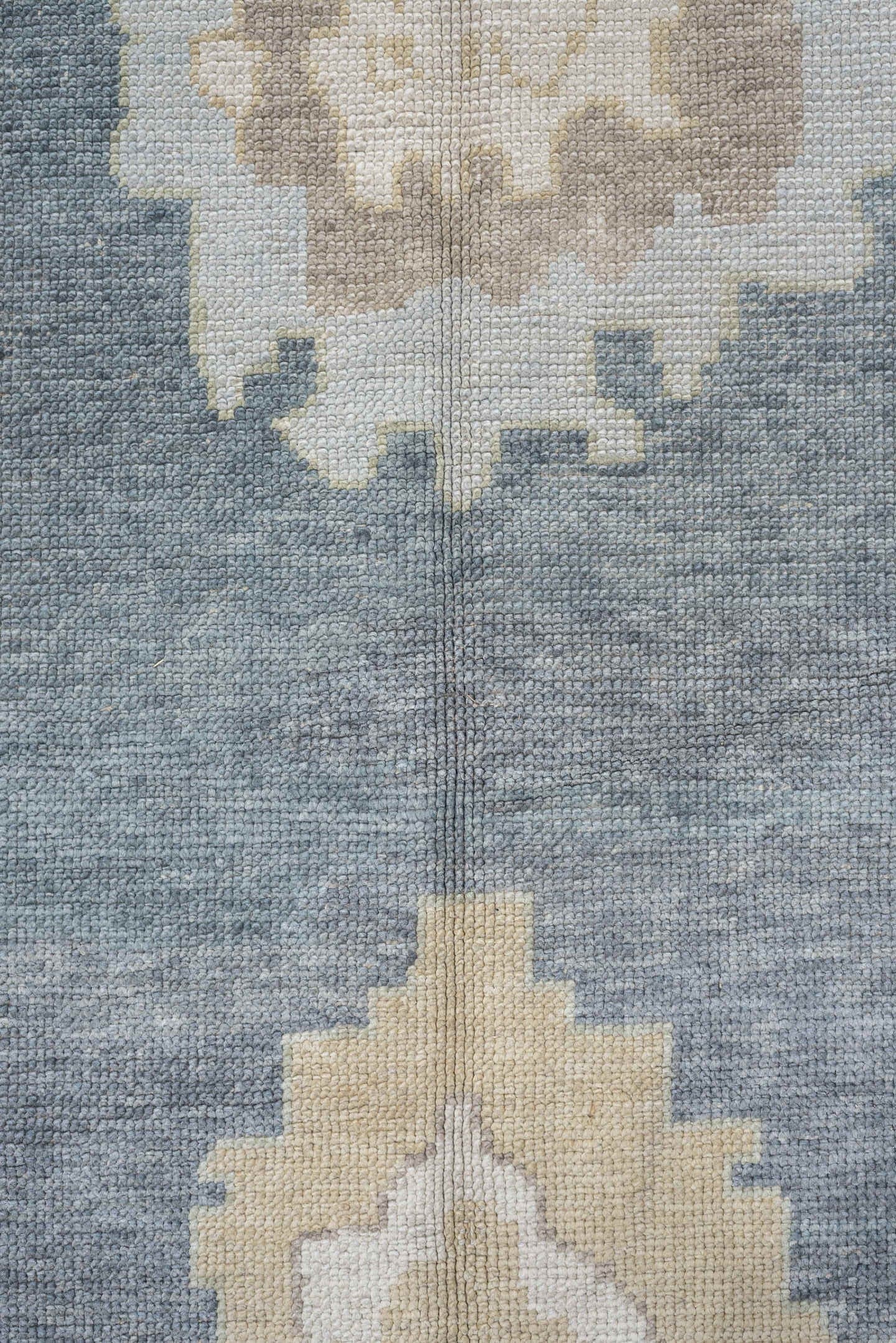 13' x 16' one-of-a-kind handmade vintage Oushak oversize rug. Color palette: blue, ivory, beige, taupe, sage, gold, gray