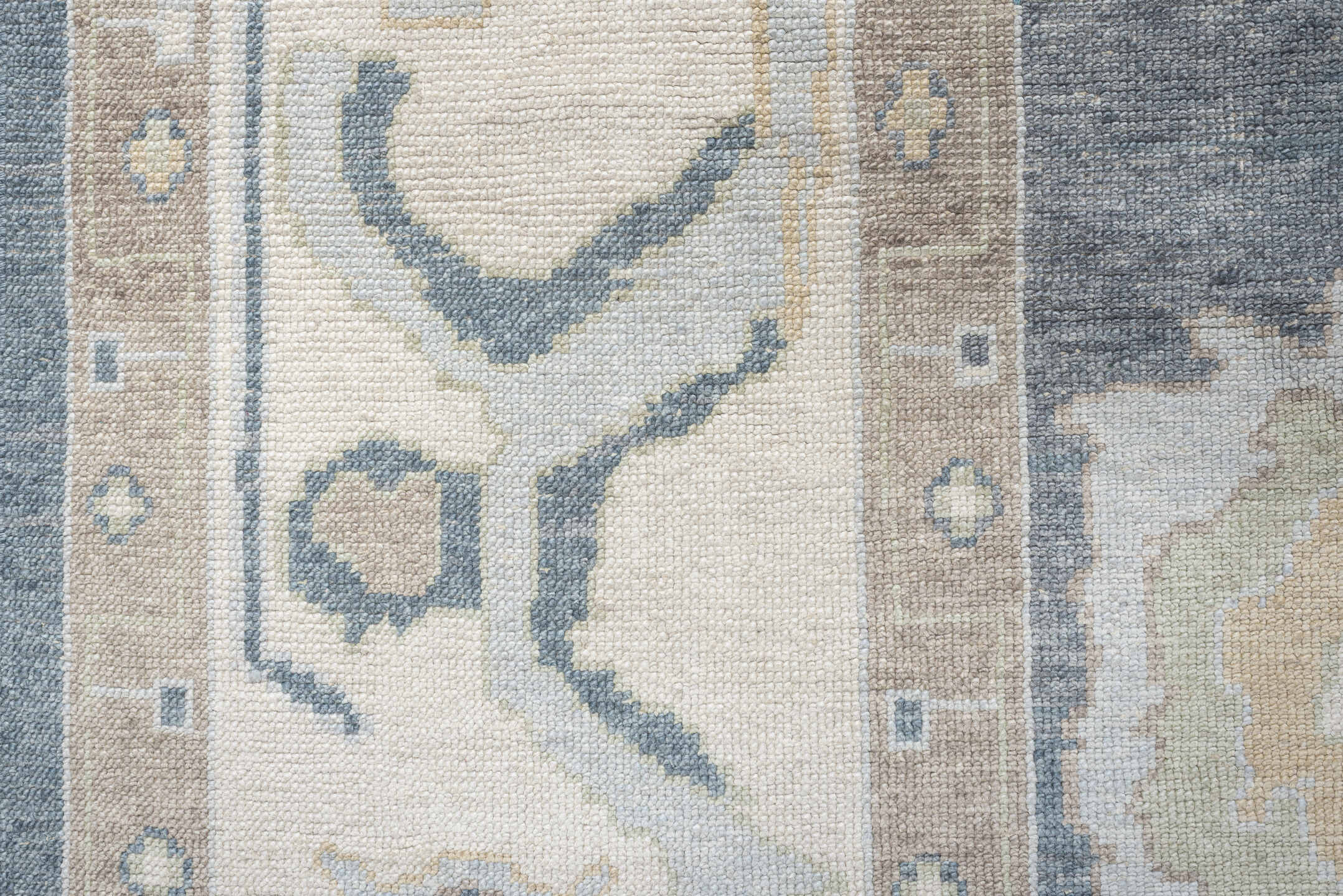 13' x 16' one-of-a-kind handmade vintage Oushak oversize rug. Color palette: blue, ivory, beige, taupe, sage, gold, gray