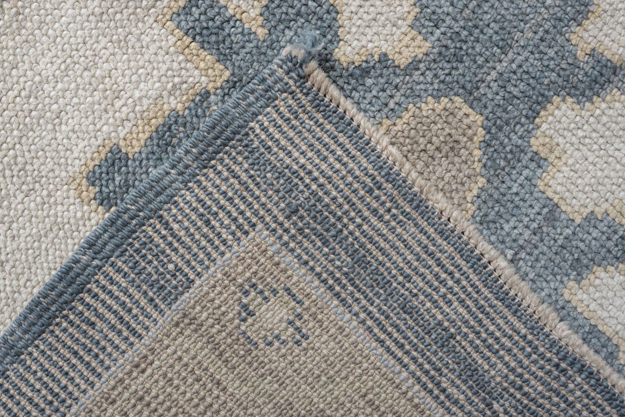 13' x 16' one-of-a-kind handmade vintage Oushak oversize rug. Color palette: blue, ivory, beige, taupe, sage, gold, gray