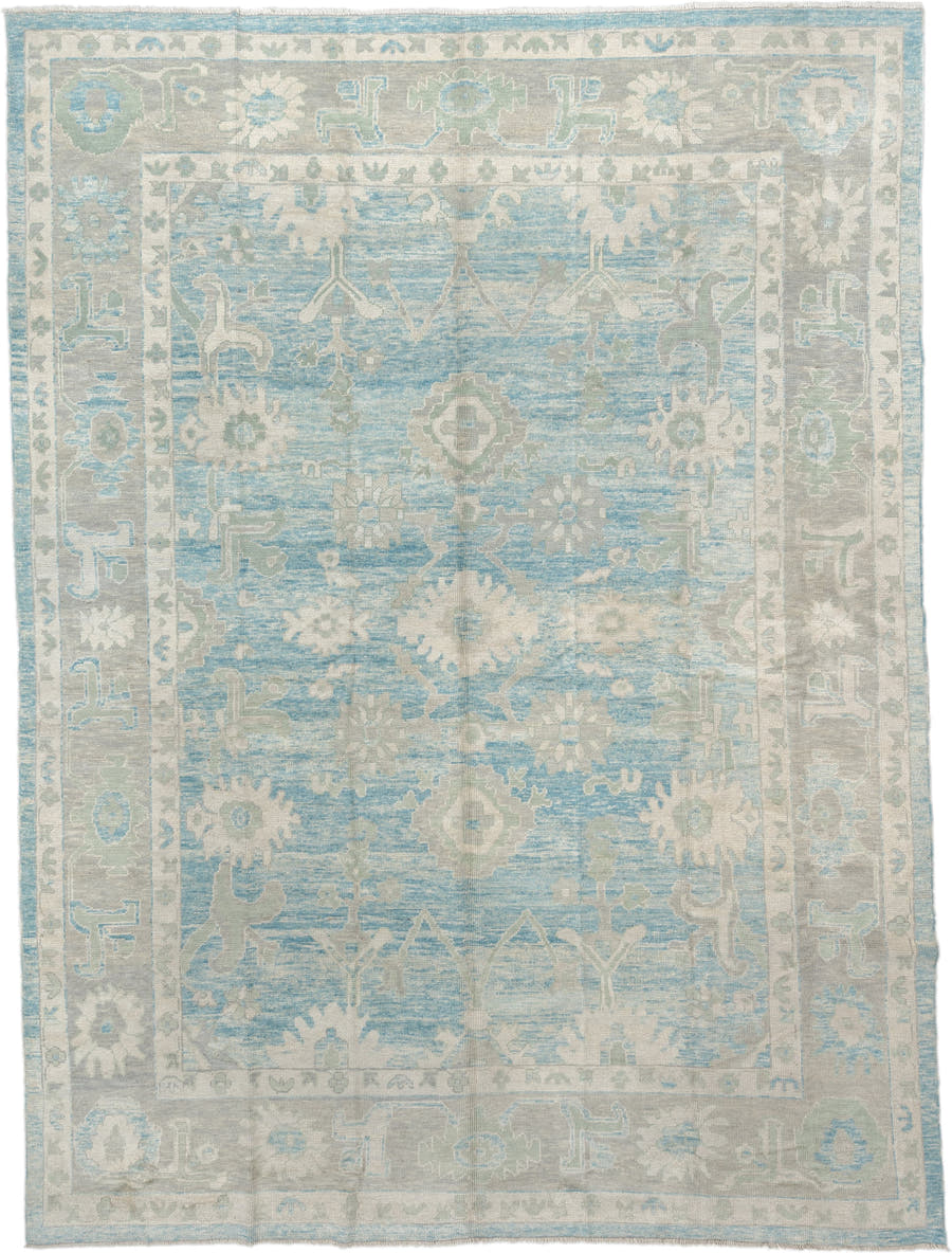 10' x 14' one-of-a-kind handmade vintage Oushak large size rug. Color palette: sky blue, ivory, taupe, light gray, cream