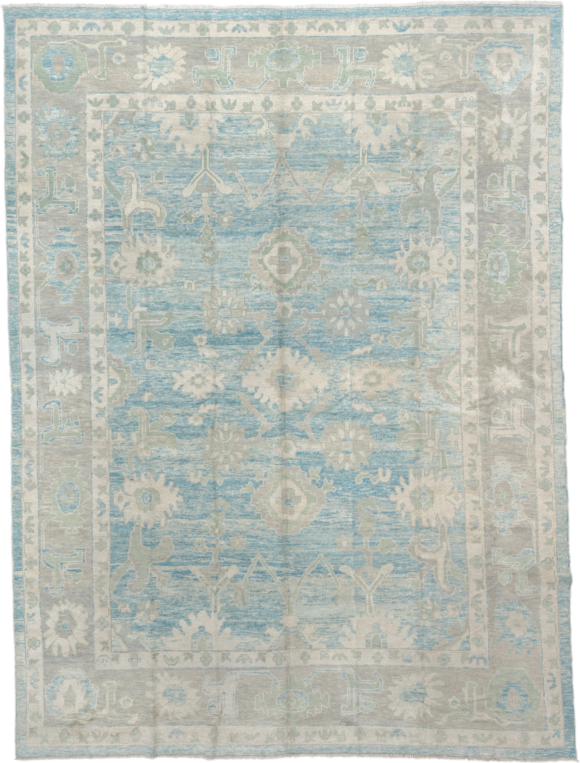 10' x 14' one-of-a-kind handmade vintage Oushak large size rug. Color palette: sky blue, ivory, taupe, light gray, cream