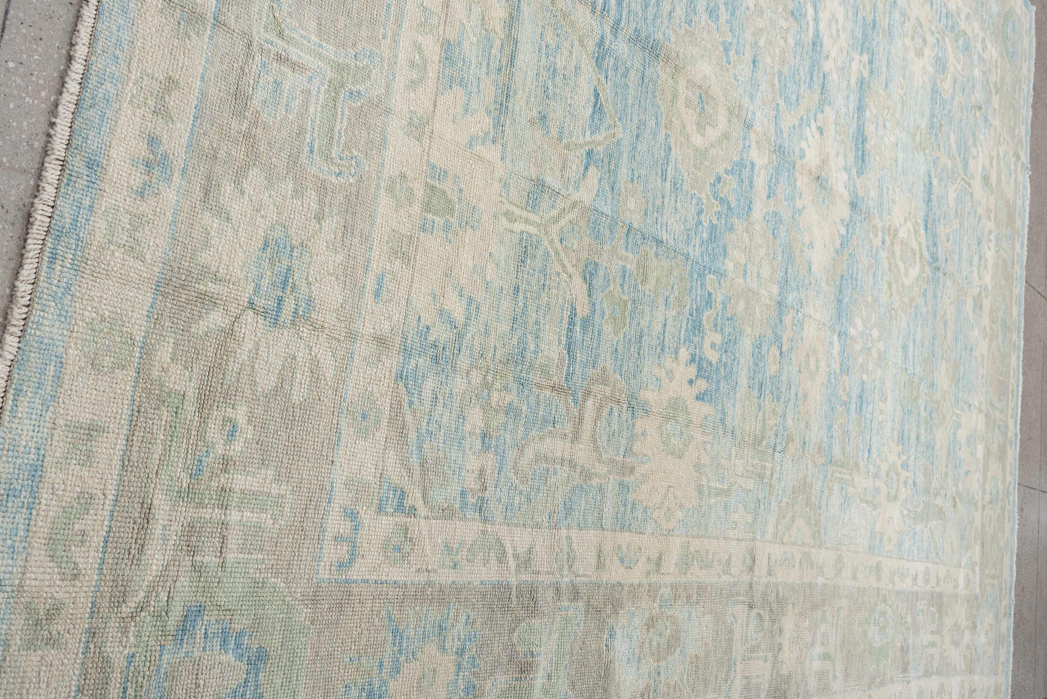 10' x 14' one-of-a-kind handmade vintage Oushak large size rug. Color palette: sky blue, ivory, taupe, light gray, cream