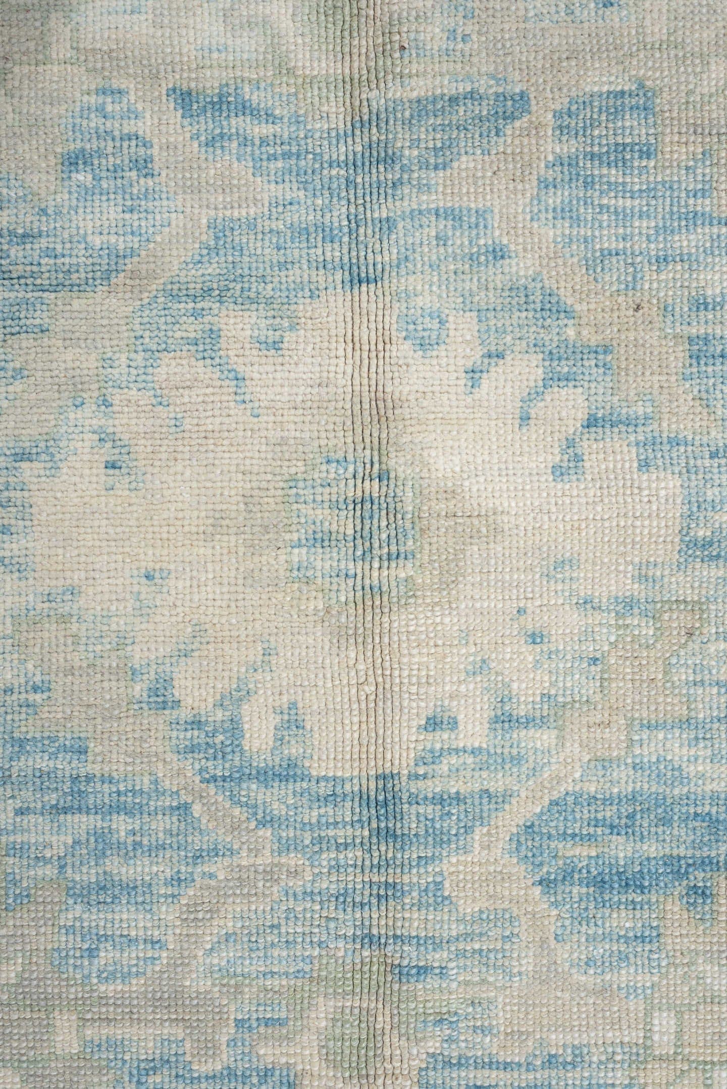 10' x 14' one-of-a-kind handmade vintage Oushak large size rug. Color palette: sky blue, ivory, taupe, light gray, cream