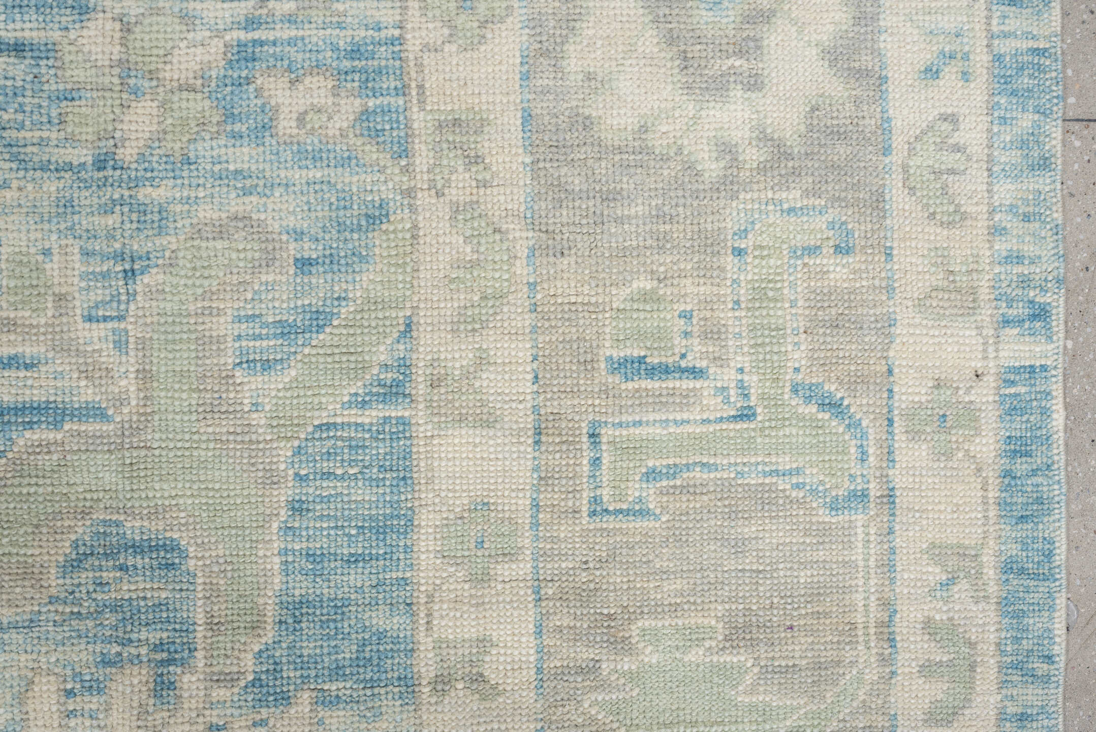 10' x 14' one-of-a-kind handmade vintage Oushak large size rug. Color palette: sky blue, ivory, taupe, light gray, cream