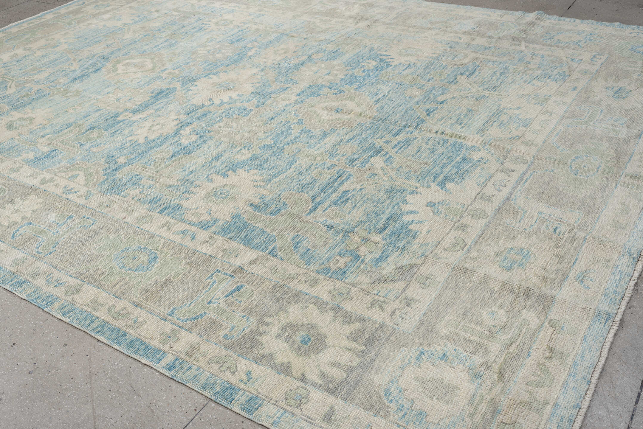 10' x 14' one-of-a-kind handmade vintage Oushak large size rug. Color palette: sky blue, ivory, taupe, light gray, cream