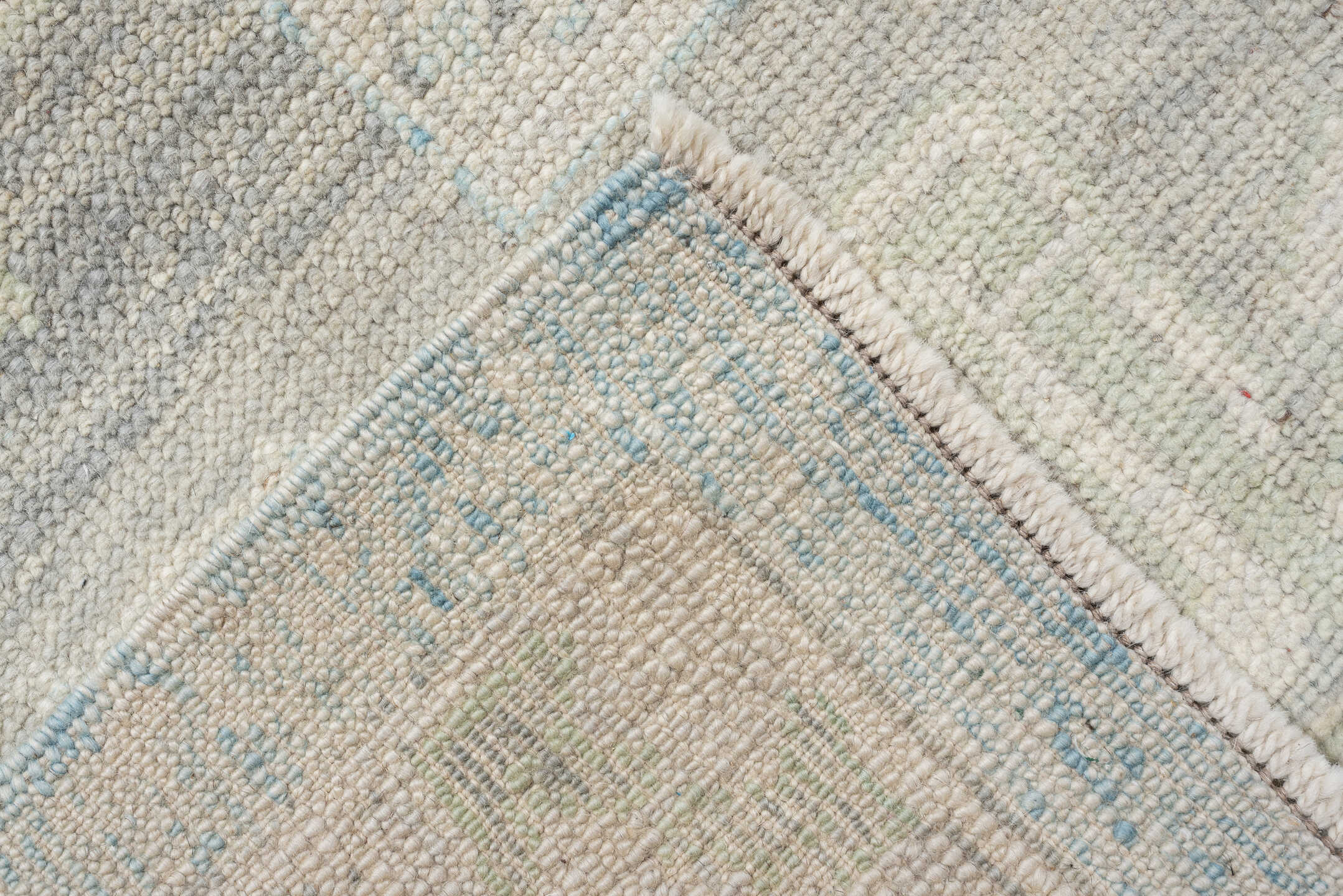 10' x 14' one-of-a-kind handmade vintage Oushak large size rug. Color palette: sky blue, ivory, taupe, light gray, cream