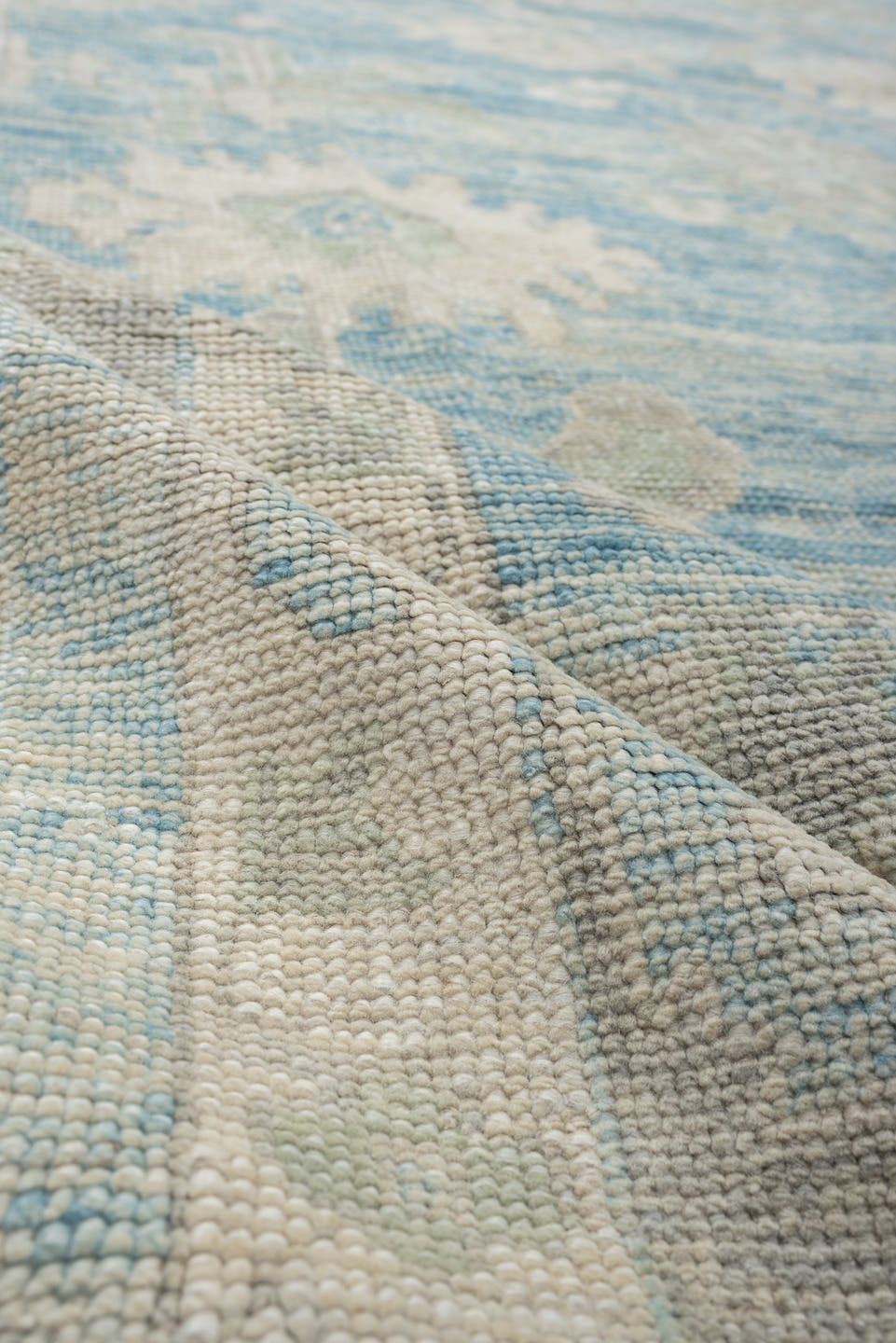 10' x 14' one-of-a-kind handmade vintage Oushak large size rug. Color palette: sky blue, ivory, taupe, light gray, cream