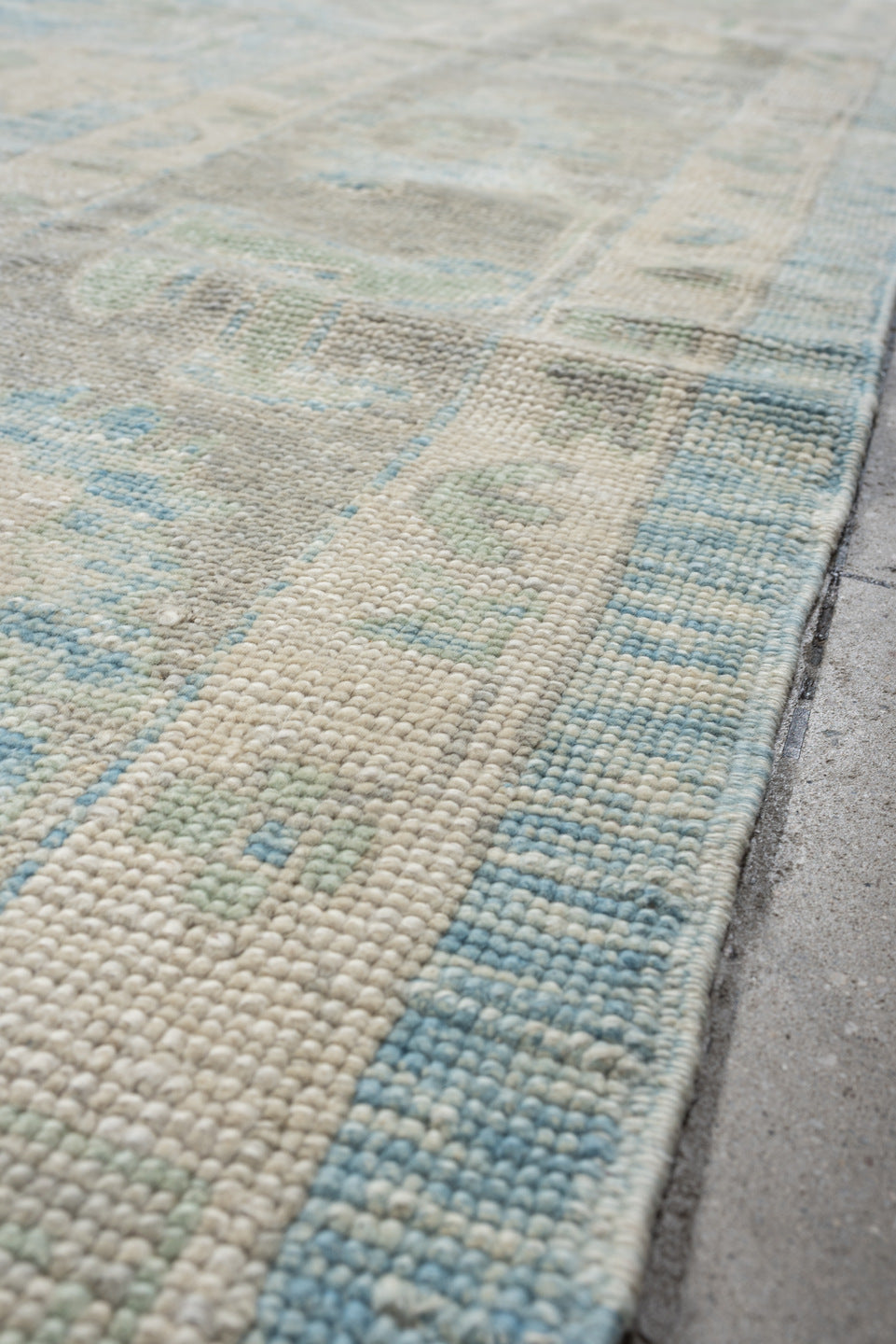 10' x 14' one-of-a-kind handmade vintage Oushak large size rug. Color palette: sky blue, ivory, taupe, light gray, cream