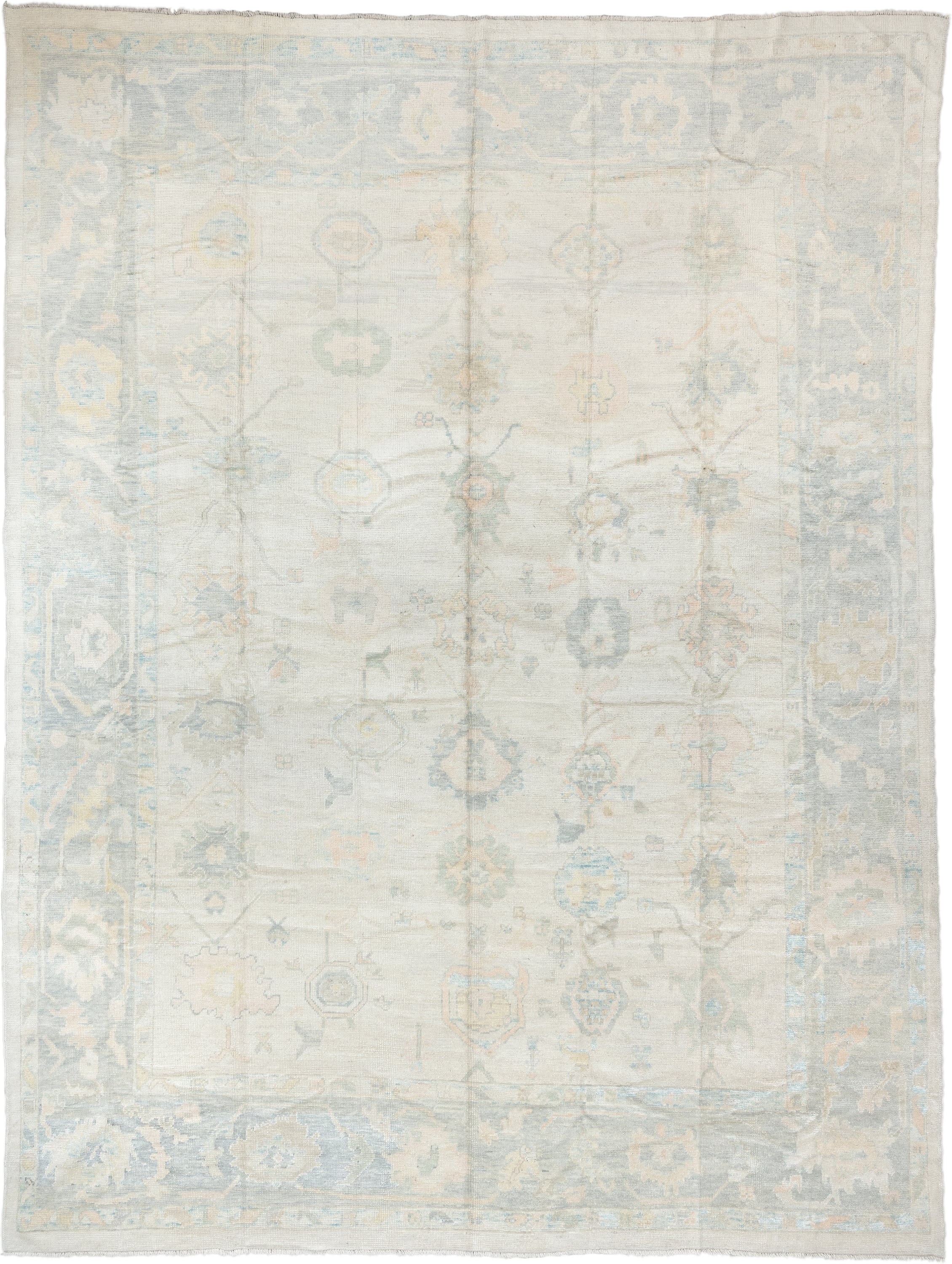 12' x 16' one-of-a-kind handmade vintage Oushak oversize rug. Color palette: ivory, pale blue, cream, taupe, blush, sage