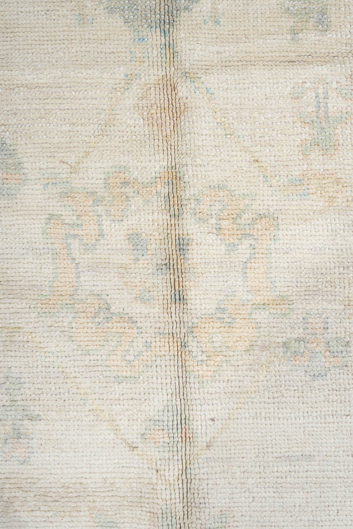 12' x 16' one-of-a-kind handmade vintage Oushak oversize rug. Color palette: ivory, pale blue, cream, taupe, blush, sage