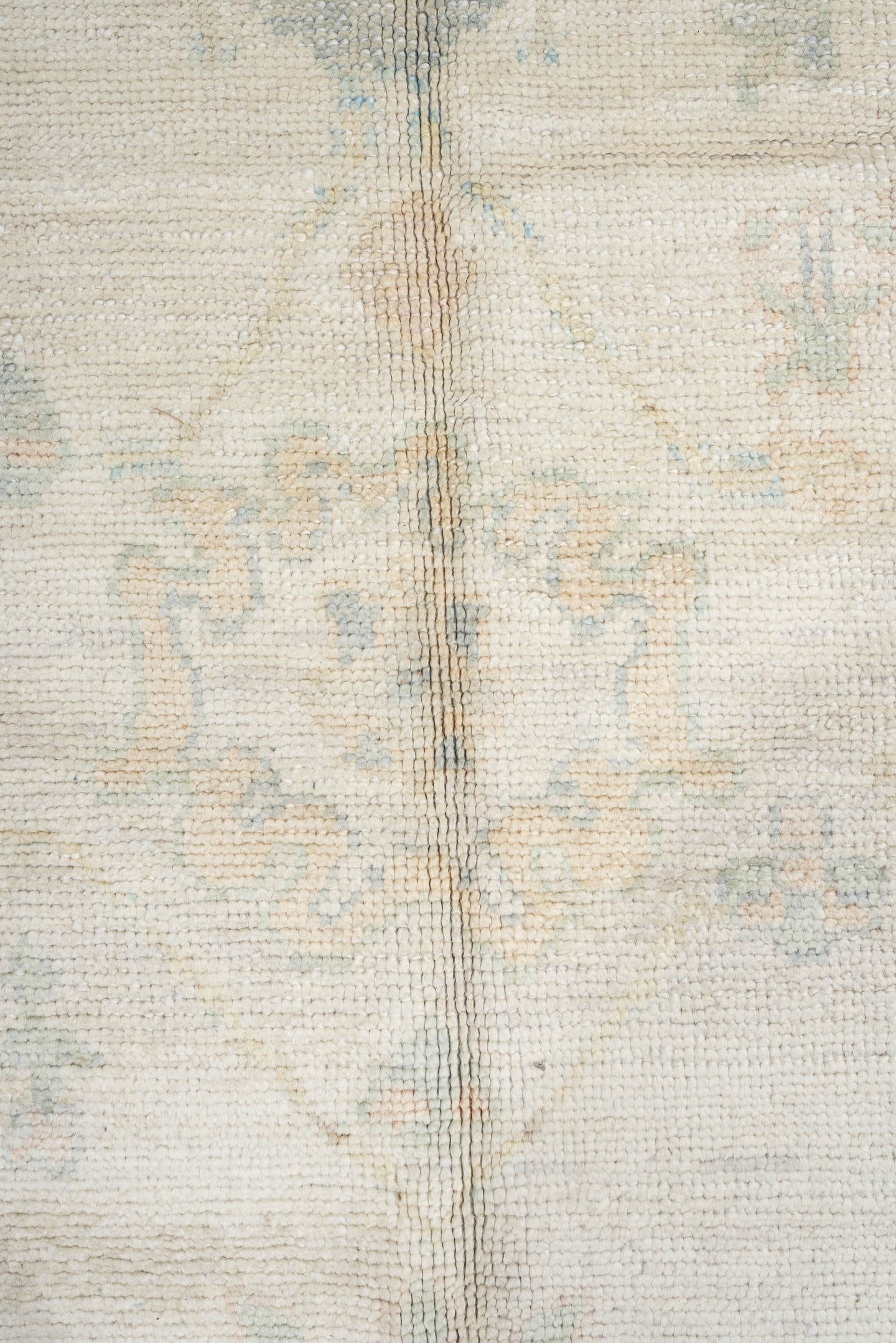 12' x 16' one-of-a-kind handmade vintage Oushak oversize rug. Color palette: ivory, pale blue, cream, taupe, blush, sage