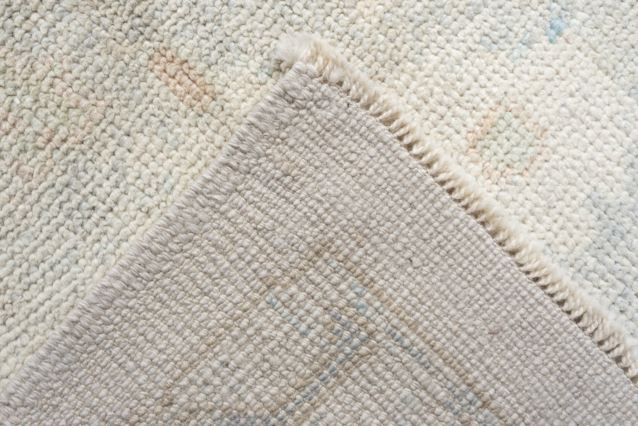 12' x 16' one-of-a-kind handmade vintage Oushak oversize rug. Color palette: ivory, pale blue, cream, taupe, blush, sage