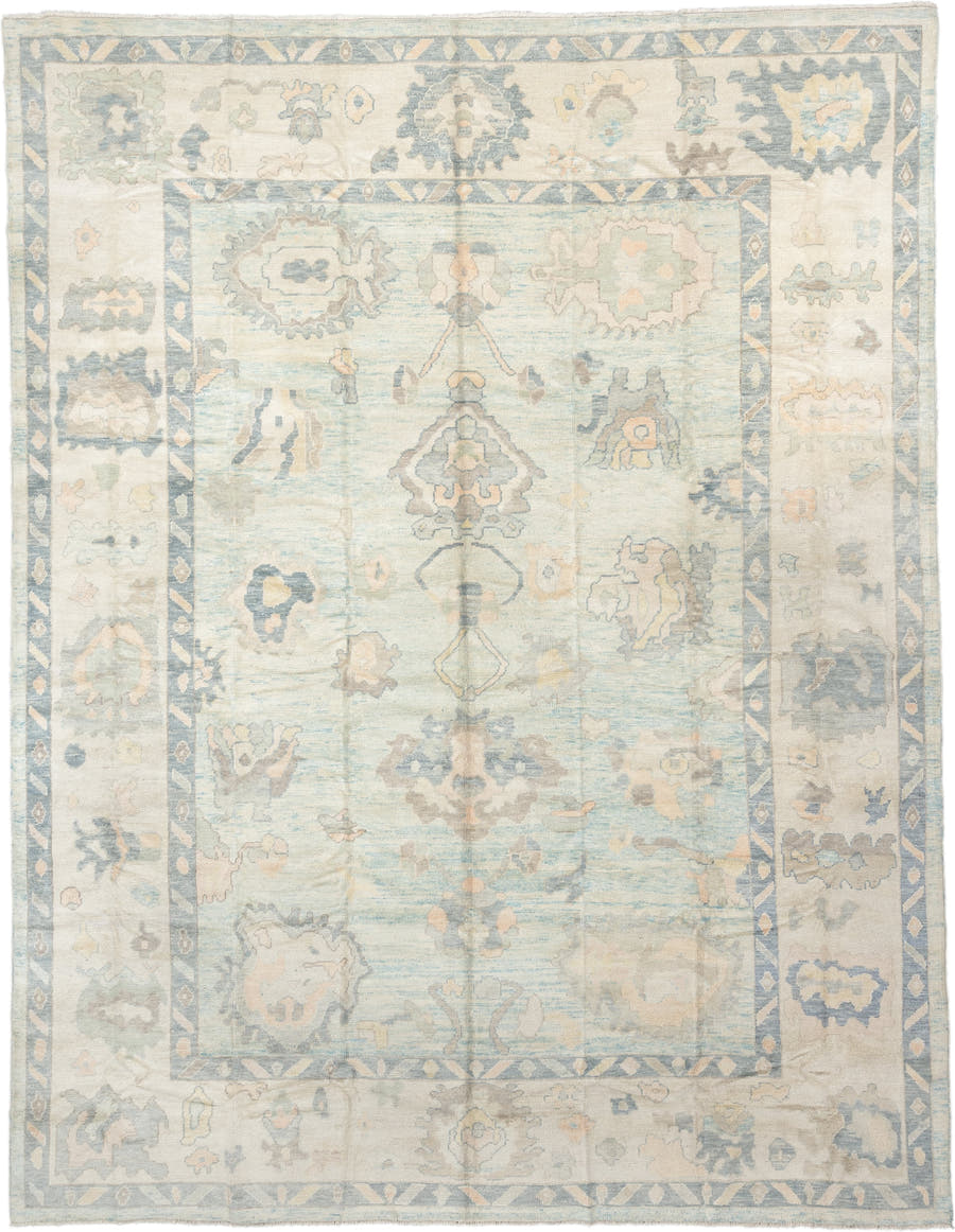 12' x 15' one-of-a-kind handmade vintage Oushak oversize rug. Color palette: ivory, pale blue, sky blue, taupe, beige, sage