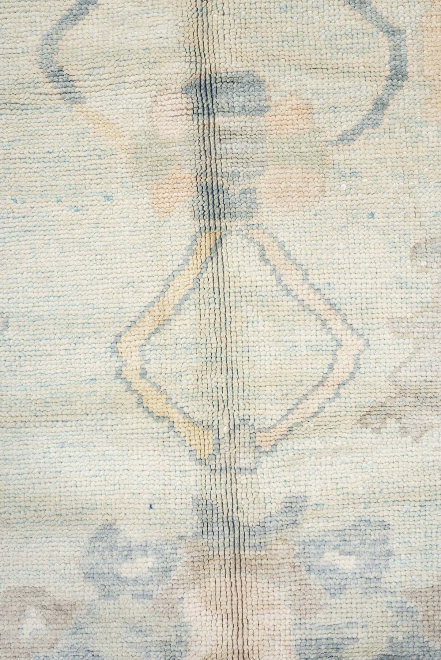 12' x 15' one-of-a-kind handmade vintage Oushak oversize rug. Color palette: ivory, pale blue, sky blue, taupe, beige, sage