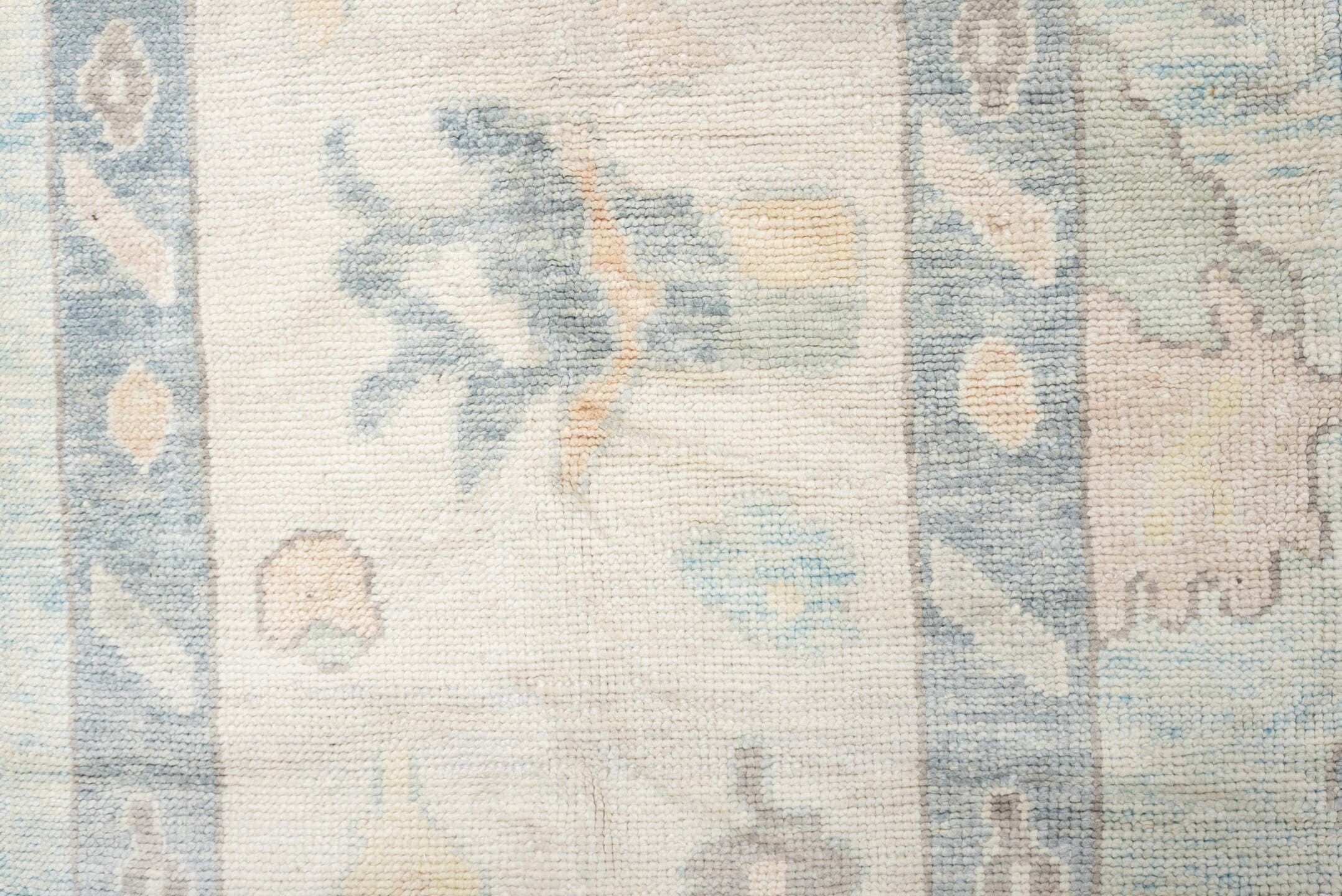12' x 15' one-of-a-kind handmade vintage Oushak oversize rug. Color palette: ivory, pale blue, sky blue, taupe, beige, sage