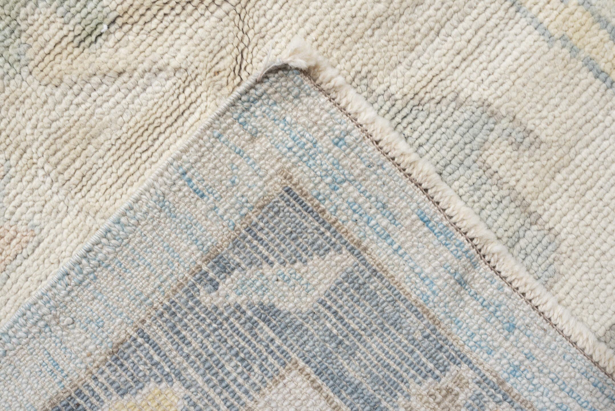 12' x 15' one-of-a-kind handmade vintage Oushak oversize rug. Color palette: ivory, pale blue, sky blue, taupe, beige, sage