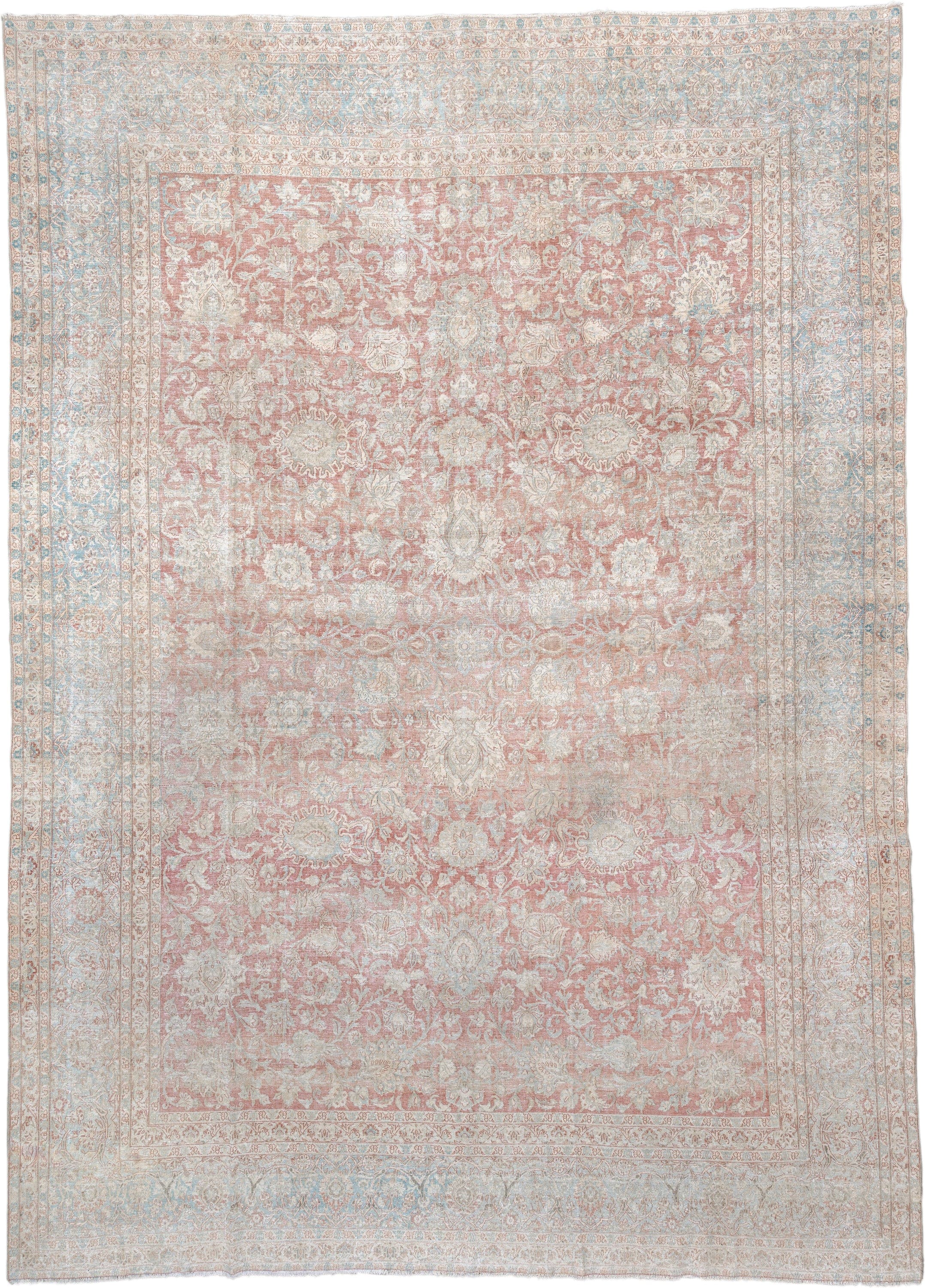 10' x 14' one-of-a-kind handmade antique Isfahan rug. Color palette: rose, ivory, pale blue, cream, taupe, blush, pink, red
