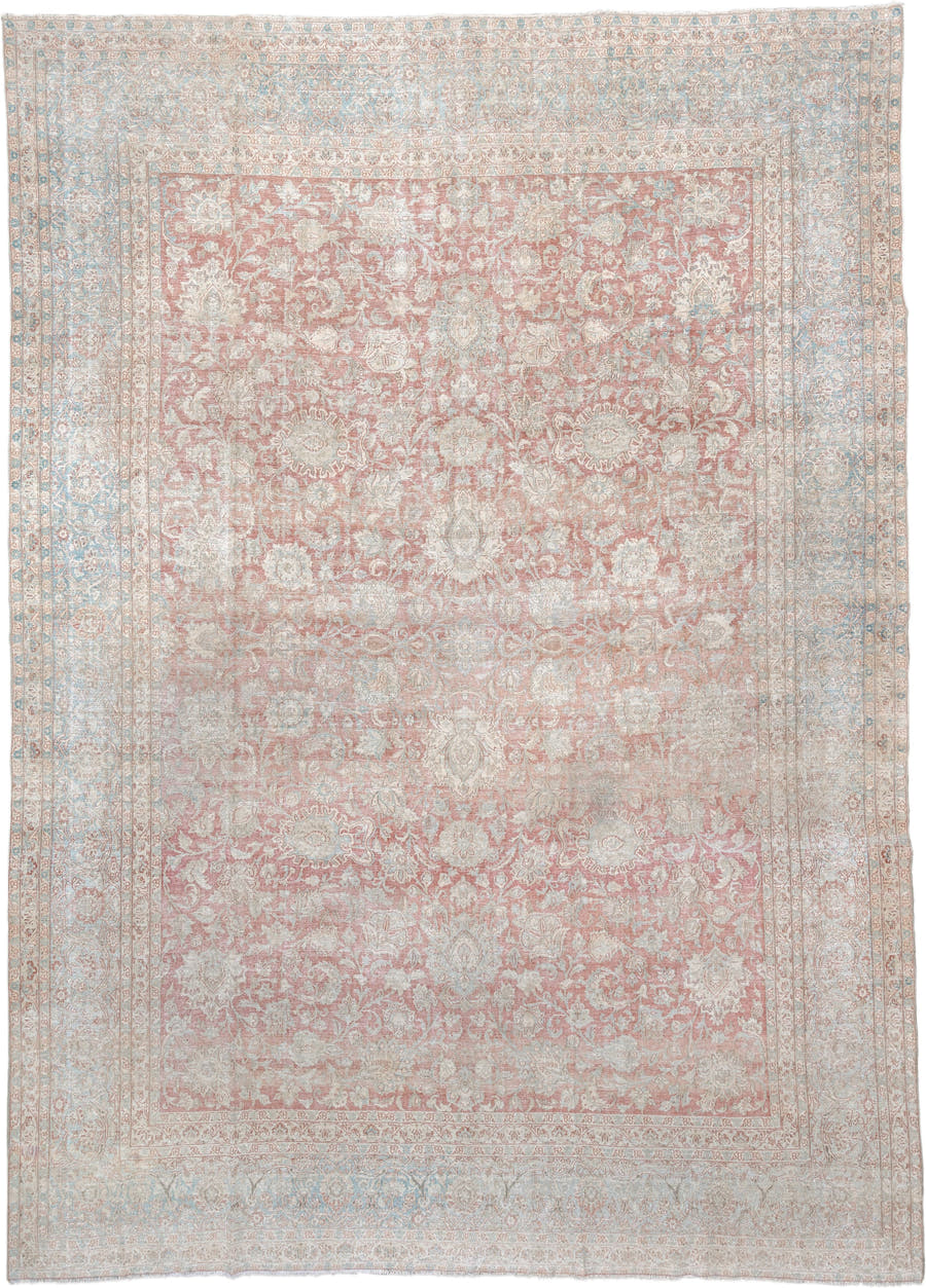 10' x 14' one-of-a-kind handmade antique Isfahan rug. Color palette: rose, ivory, pale blue, cream, taupe, blush, pink, red