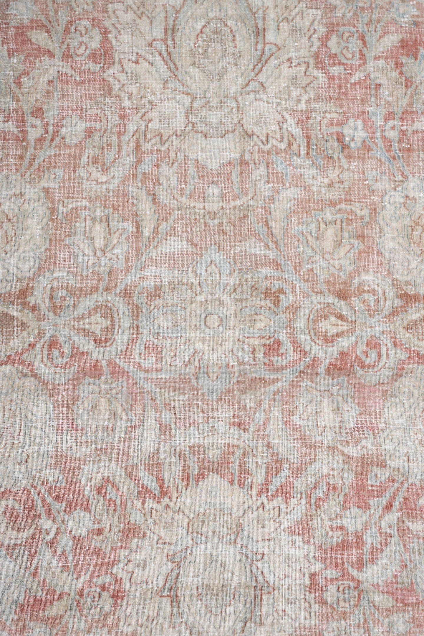 10' x 14' one-of-a-kind handmade antique Isfahan rug. Color palette: rose, ivory, pale blue, cream, taupe, blush, pink, red