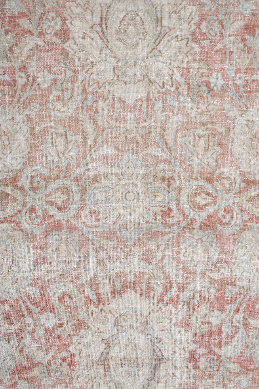 10' x 14' one-of-a-kind handmade antique Isfahan rug. Color palette: rose, ivory, pale blue, cream, taupe, blush, pink, red