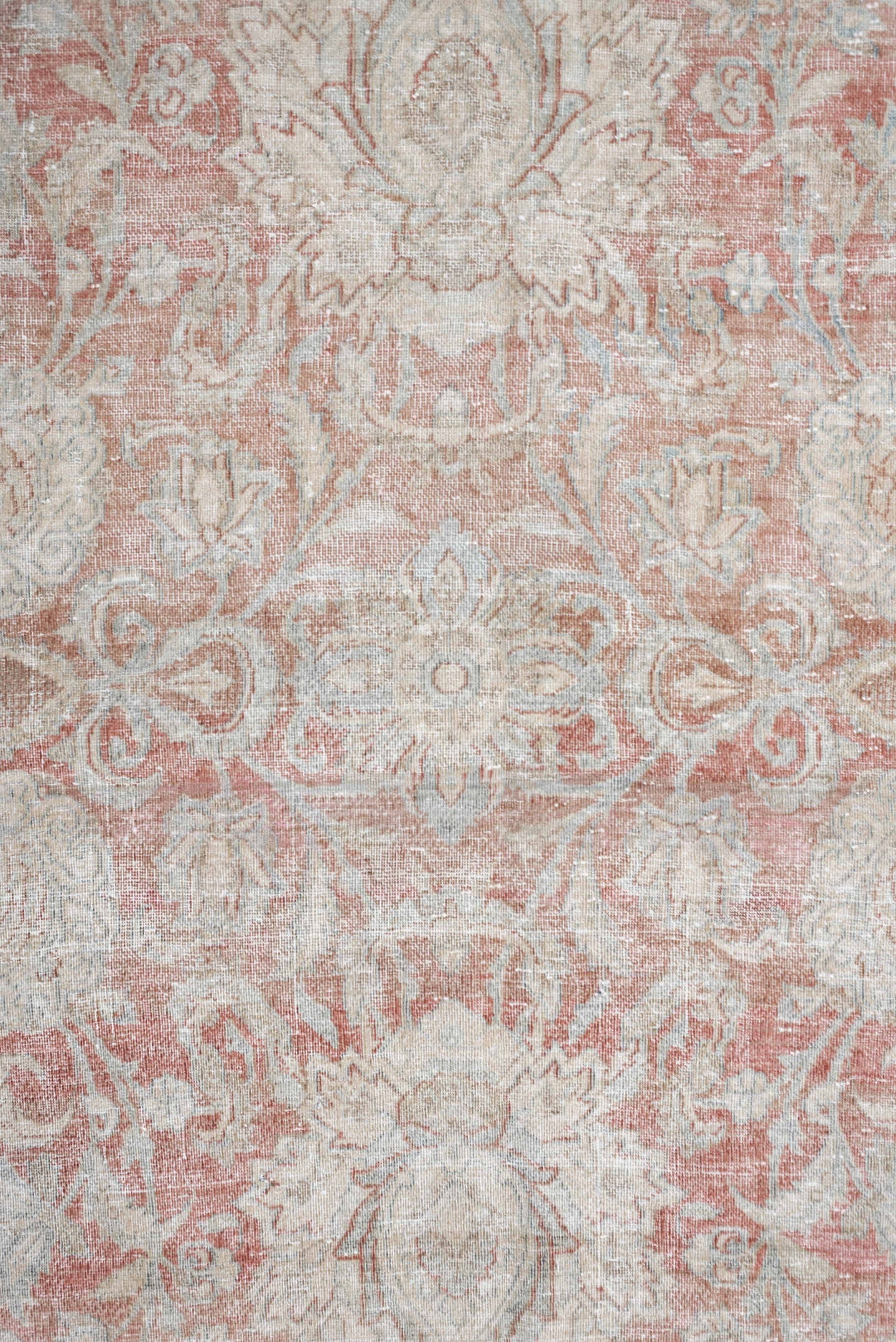 10' x 14' one-of-a-kind handmade antique Isfahan rug. Color palette: rose, ivory, pale blue, cream, taupe, blush, pink, red