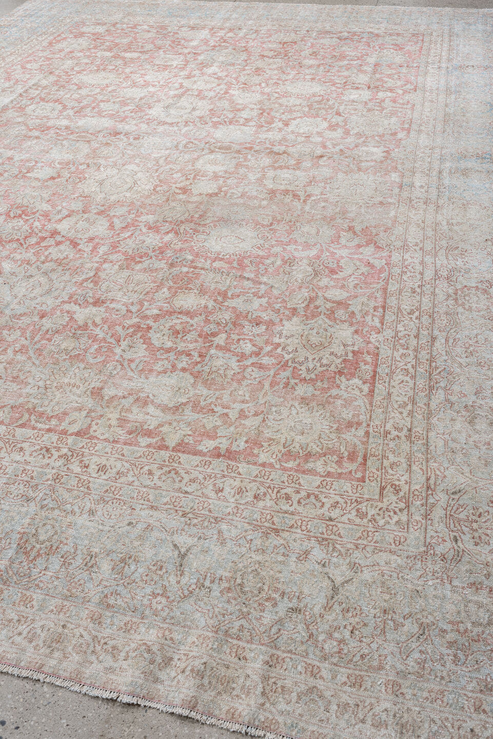 10' x 14' one-of-a-kind handmade antique Isfahan rug. Color palette: rose, ivory, pale blue, cream, taupe, blush, pink, red