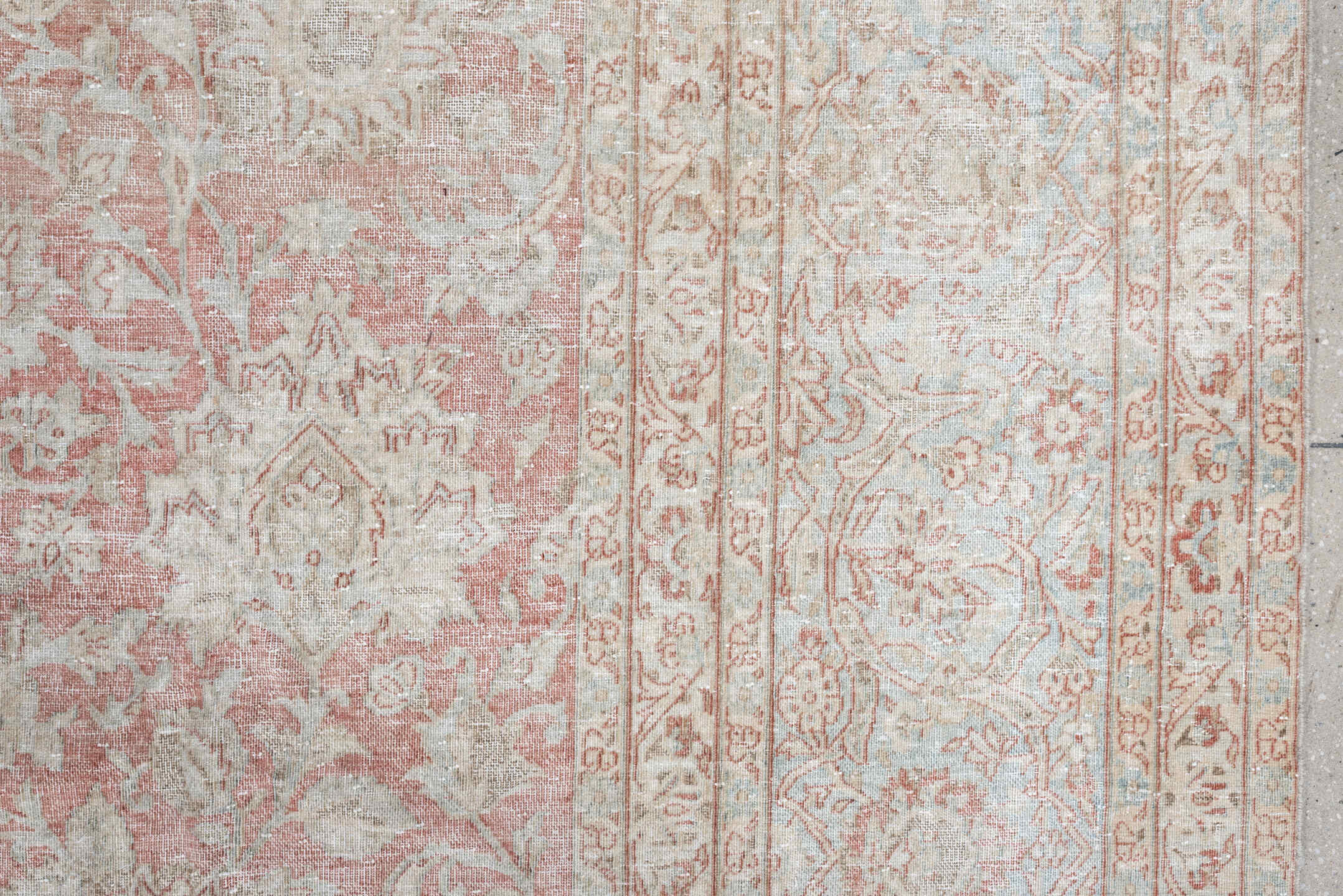 10' x 14' one-of-a-kind handmade antique Isfahan rug. Color palette: rose, ivory, pale blue, cream, taupe, blush, pink, red