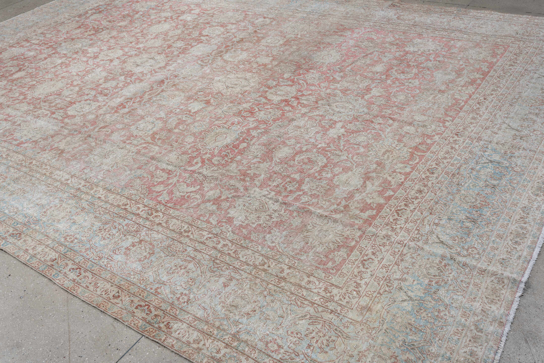 10' x 14' one-of-a-kind handmade antique Isfahan rug. Color palette: rose, ivory, pale blue, cream, taupe, blush, pink, red