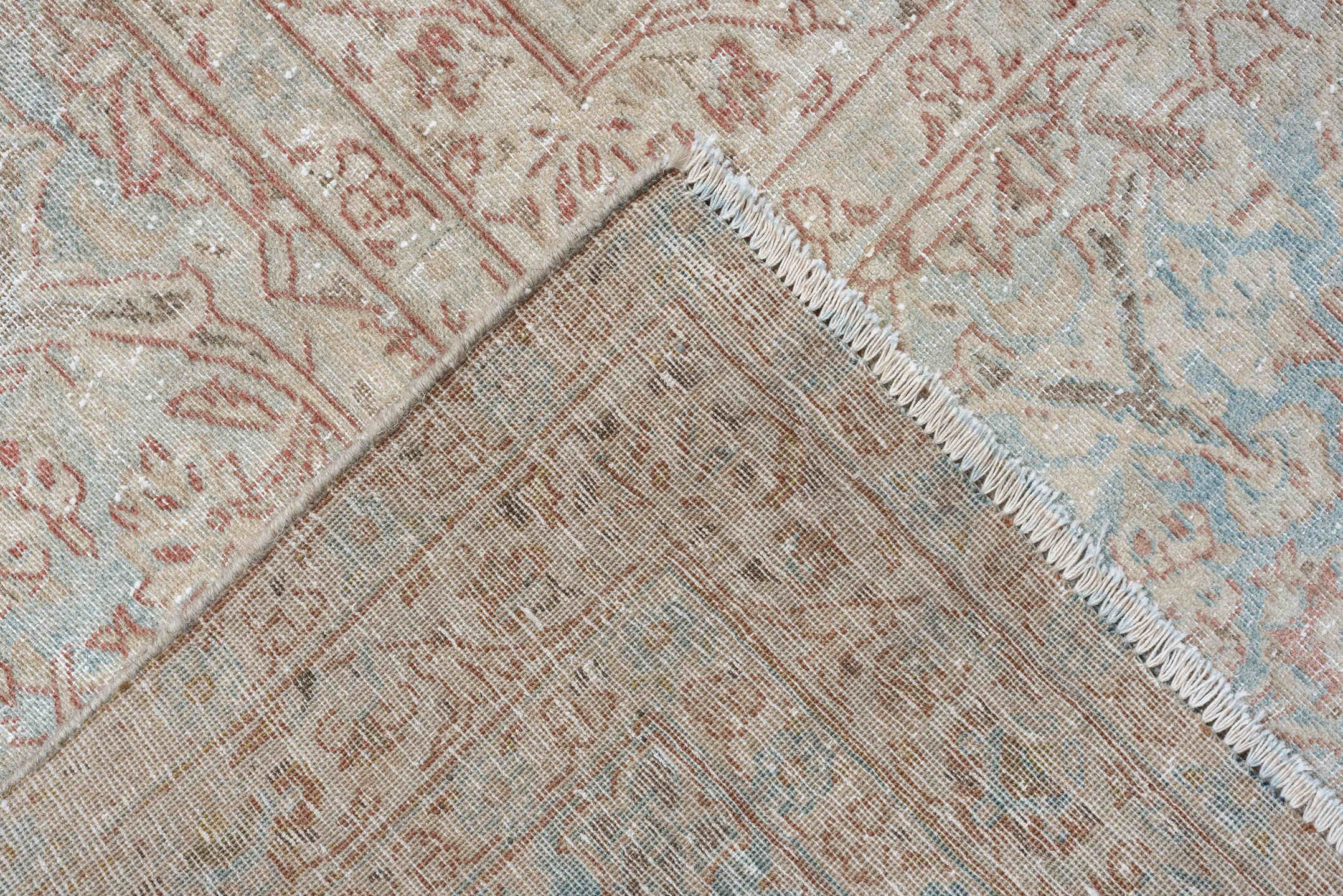 10' x 14' one-of-a-kind handmade antique Isfahan rug. Color palette: rose, ivory, pale blue, cream, taupe, blush, pink, red