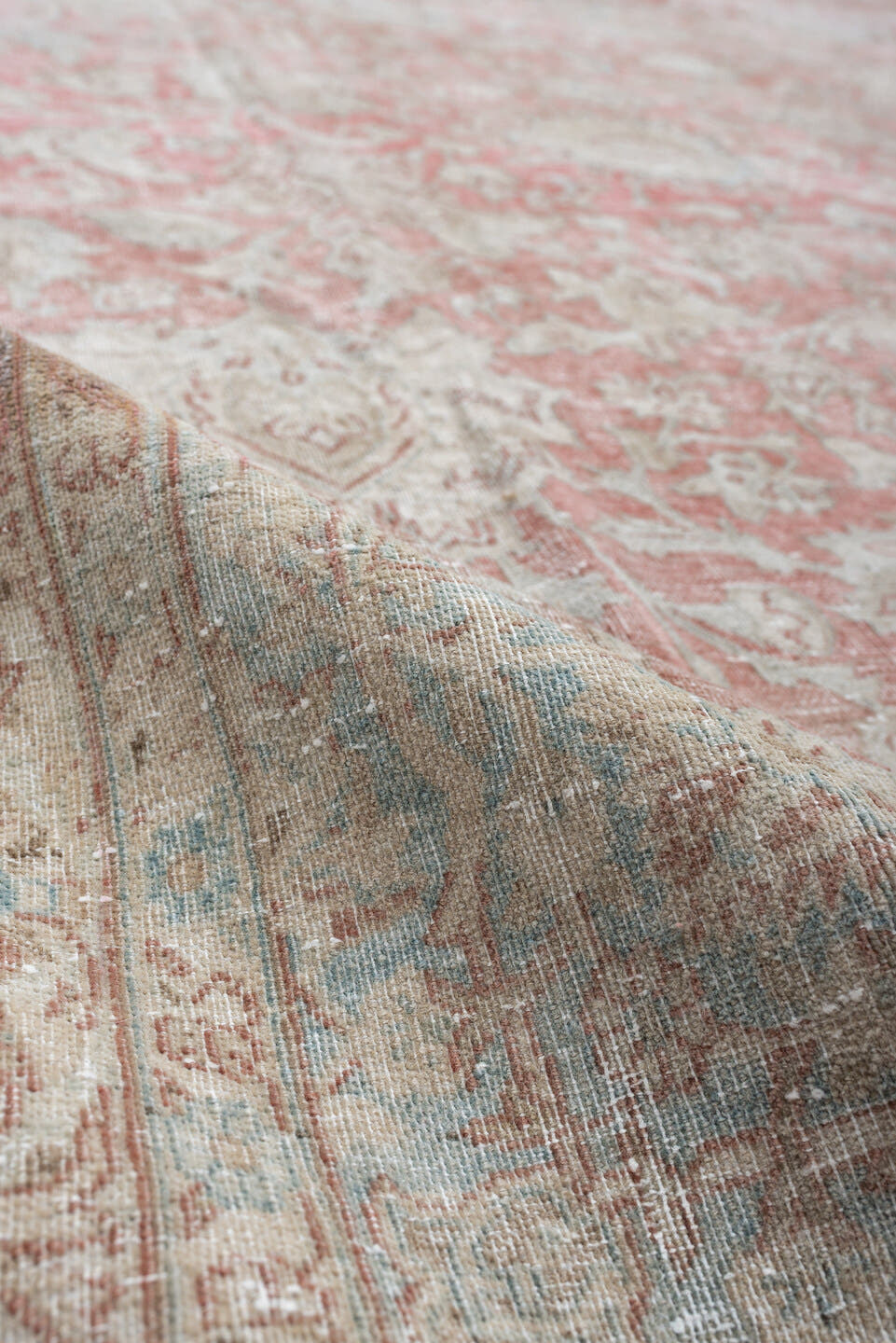 10' x 14' one-of-a-kind handmade antique Isfahan rug. Color palette: rose, ivory, pale blue, cream, taupe, blush, pink, red