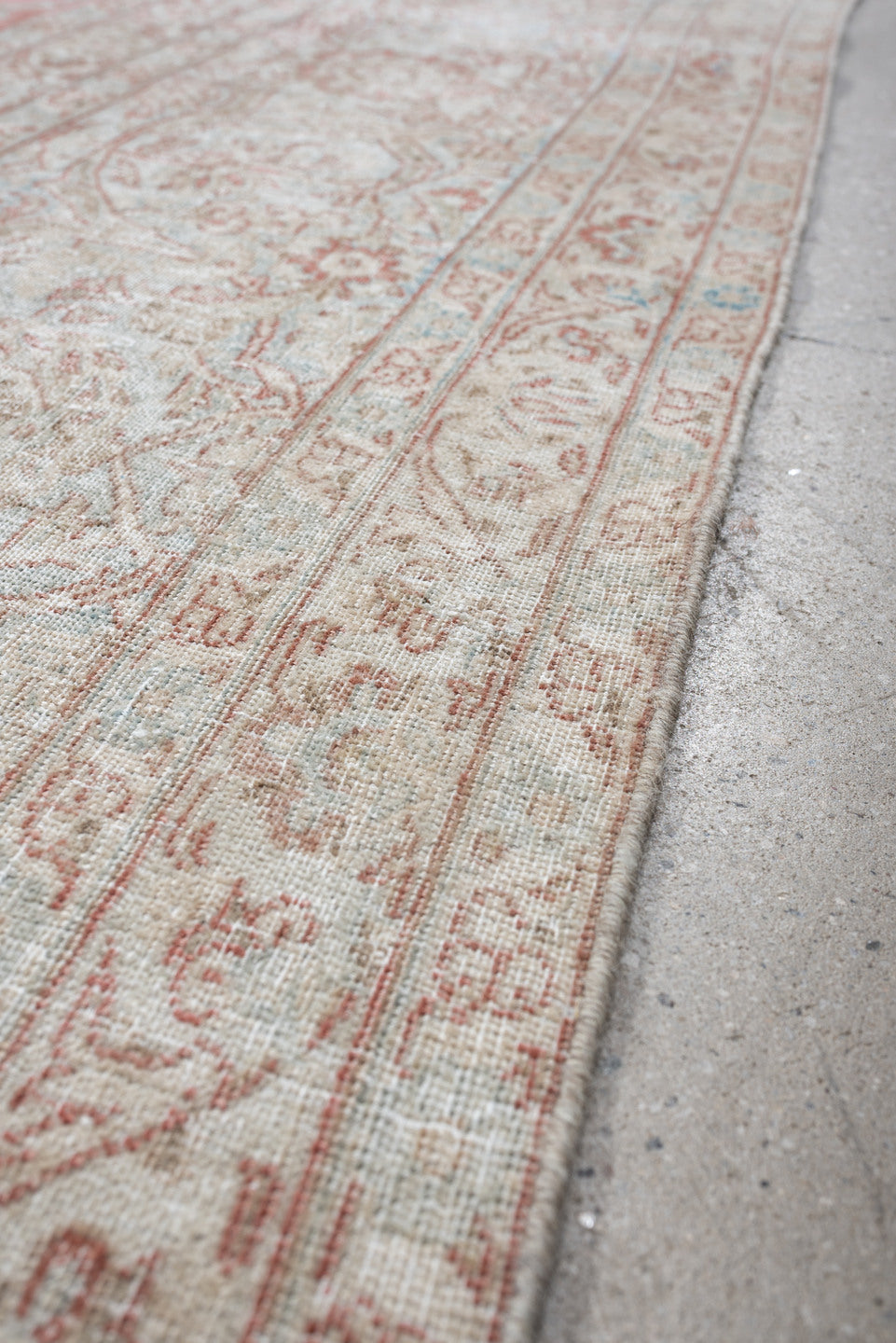10' x 14' one-of-a-kind handmade antique Isfahan rug. Color palette: rose, ivory, pale blue, cream, taupe, blush, pink, red
