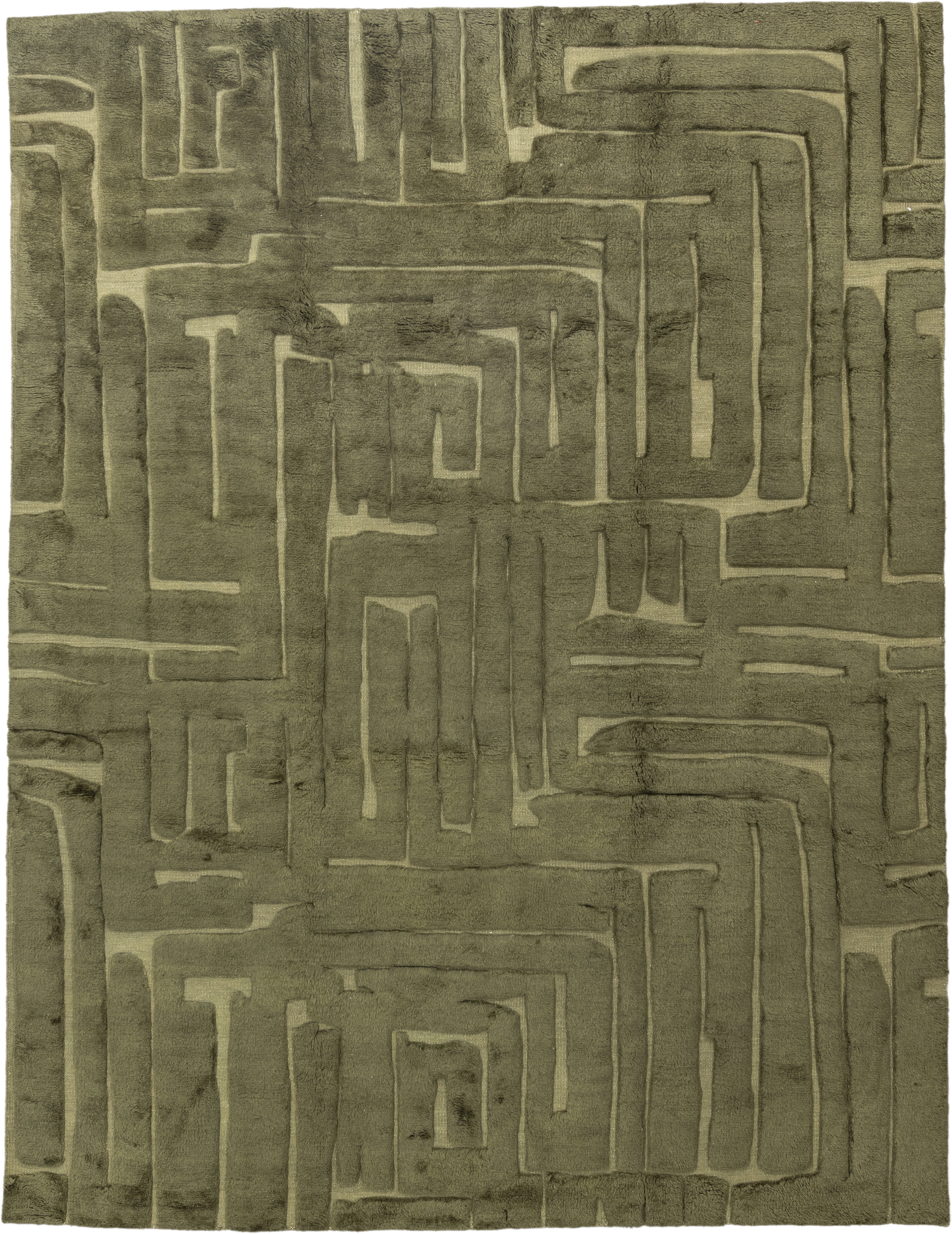 9' x 12' one-of-a-kind handmade handmade Modern large size rug. Color palette: olive, sage, taupe, green, beige, gray